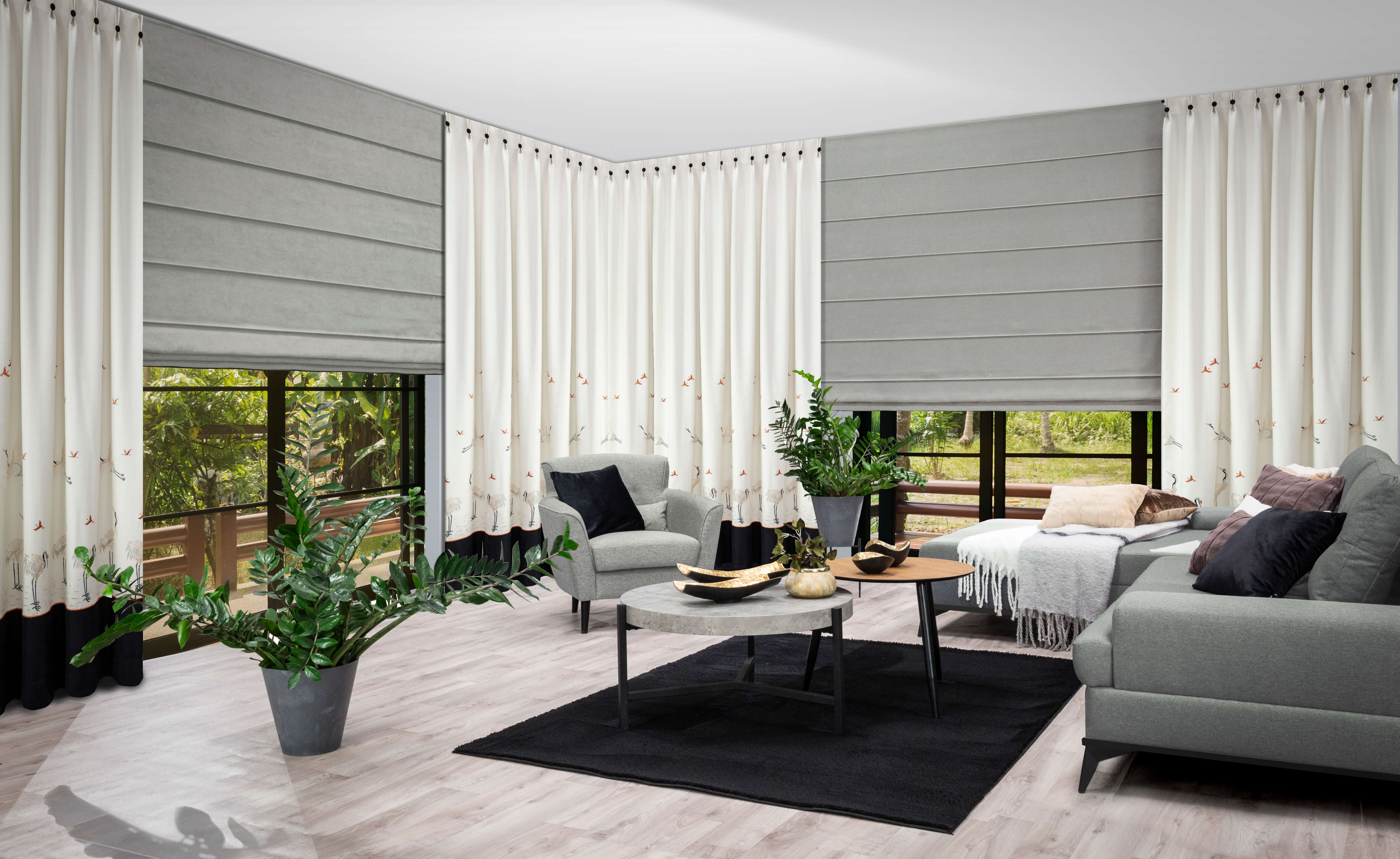 jakie zasłony do biało szarego salonu