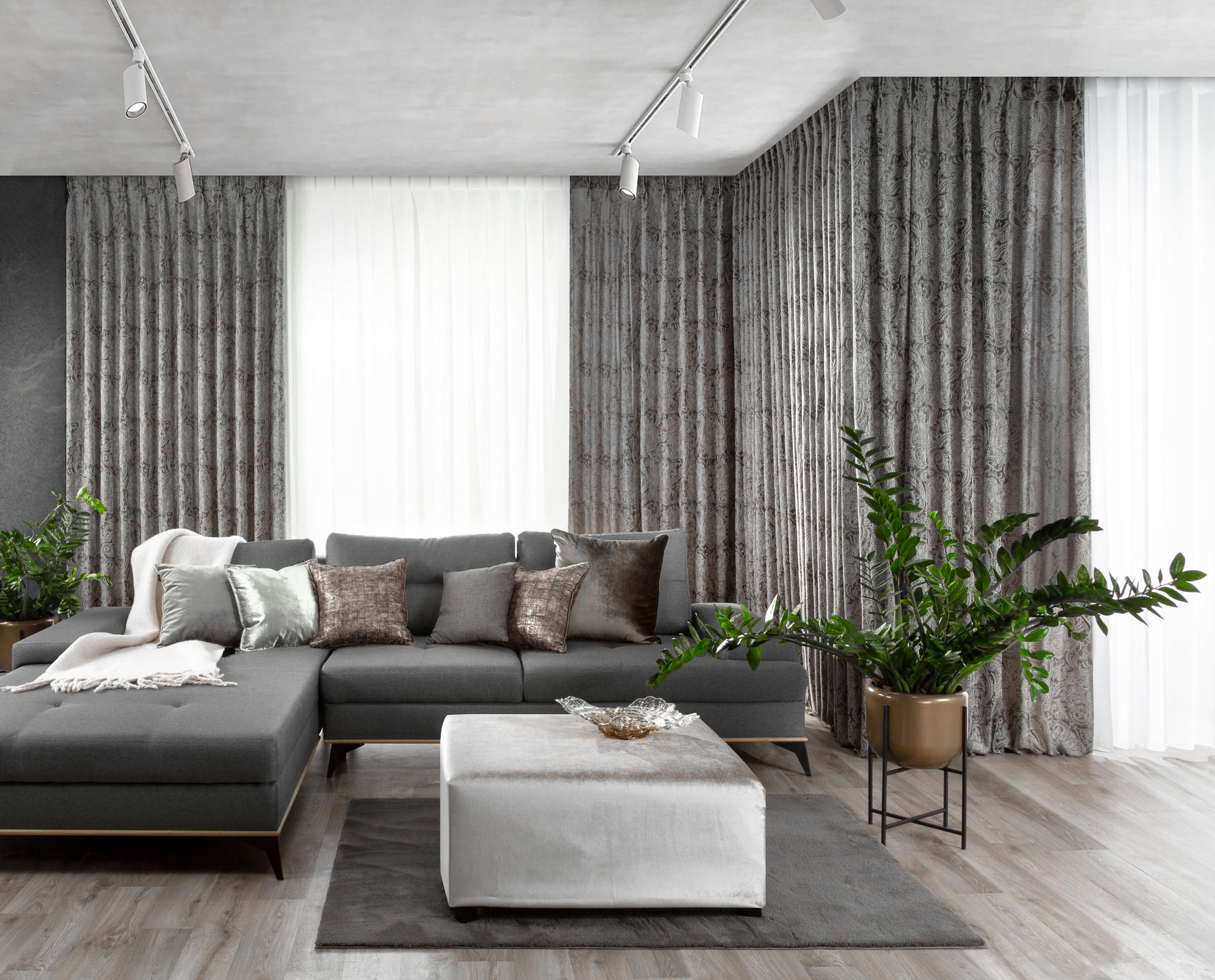 jakie zasłony do szaro białego salonu