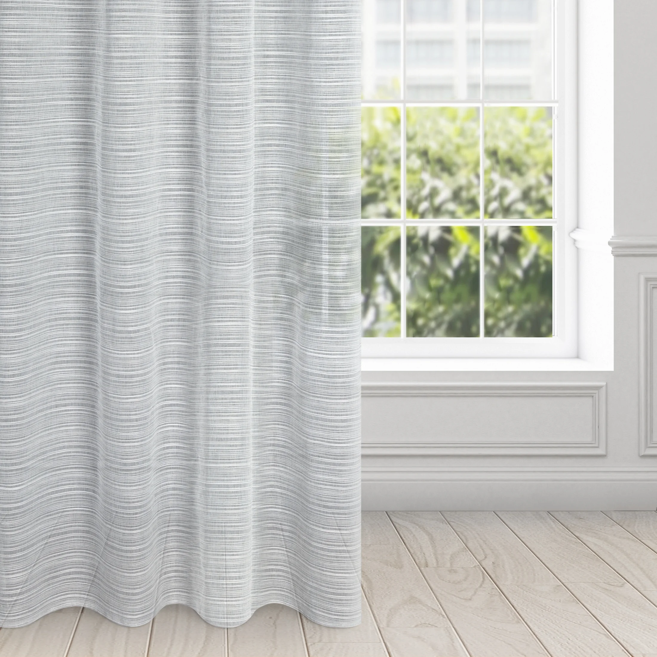 Firana szara z efektem deszczyku w poprzeczne prążki 140x250 cm przelotka ARIA | eurofirany