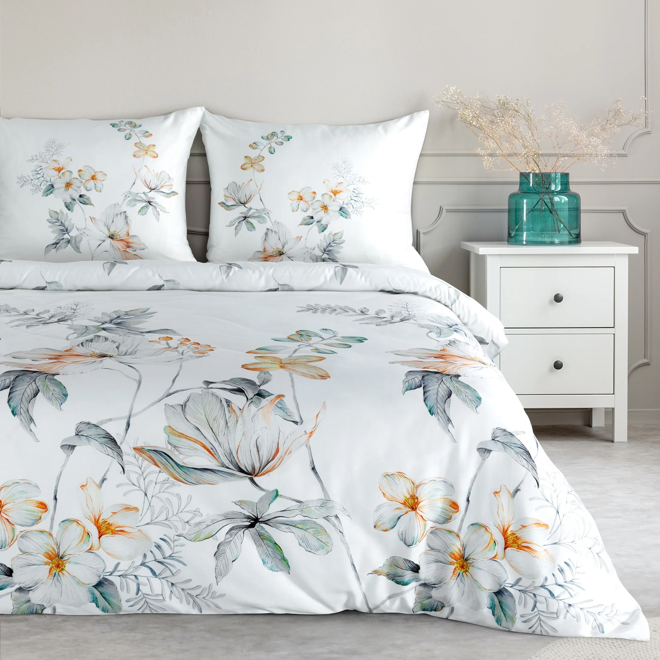 Pościel 220x200 cm bawełniana kolor biały, pomarańczowy z motywem roślinnym AMELIA Eurofirany Premium | eurofirany