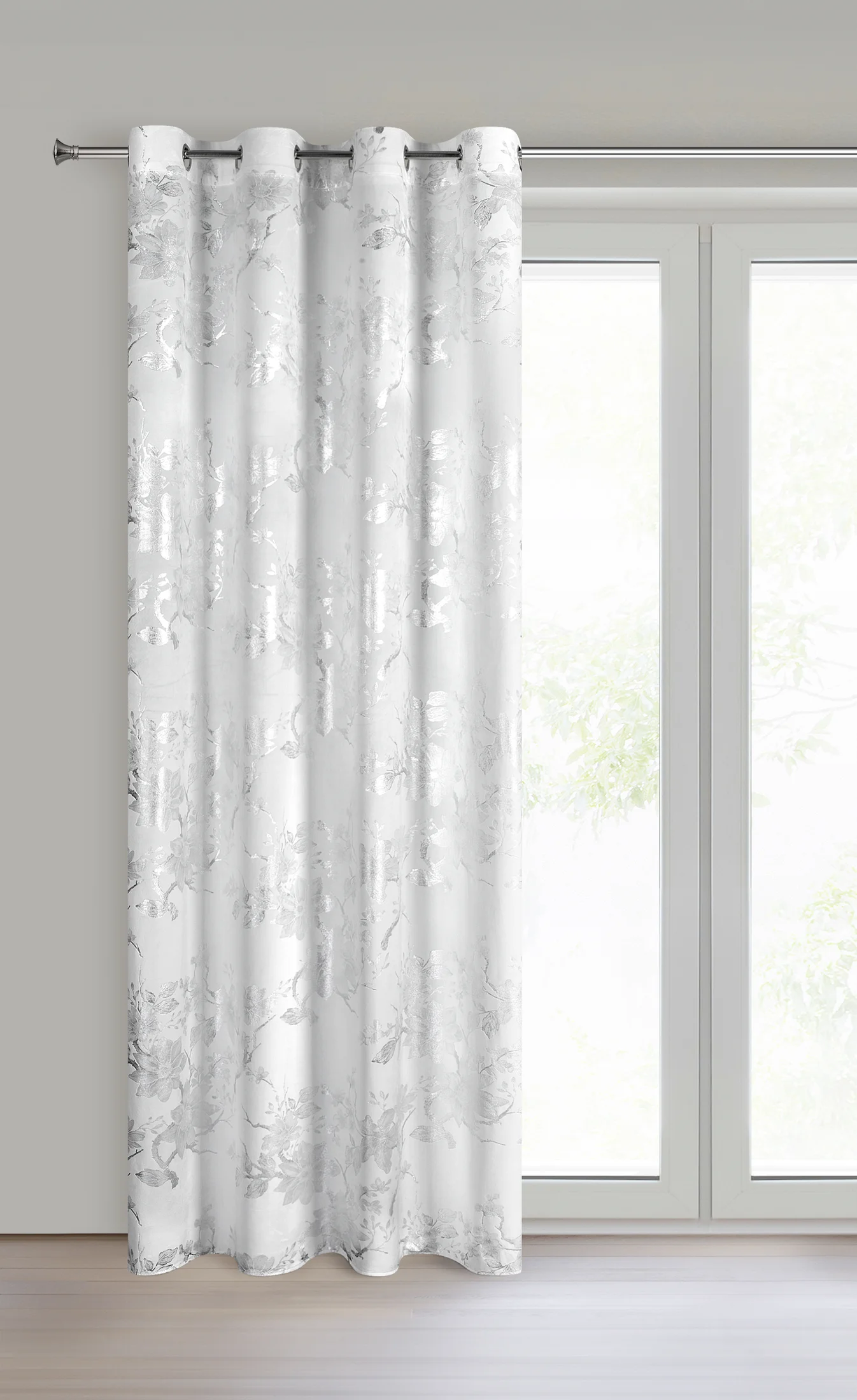 Zasłona biało, srebrna zdobiona nadrukiem błyszczących kwiatów 140x250 cm przelotka - CELIA