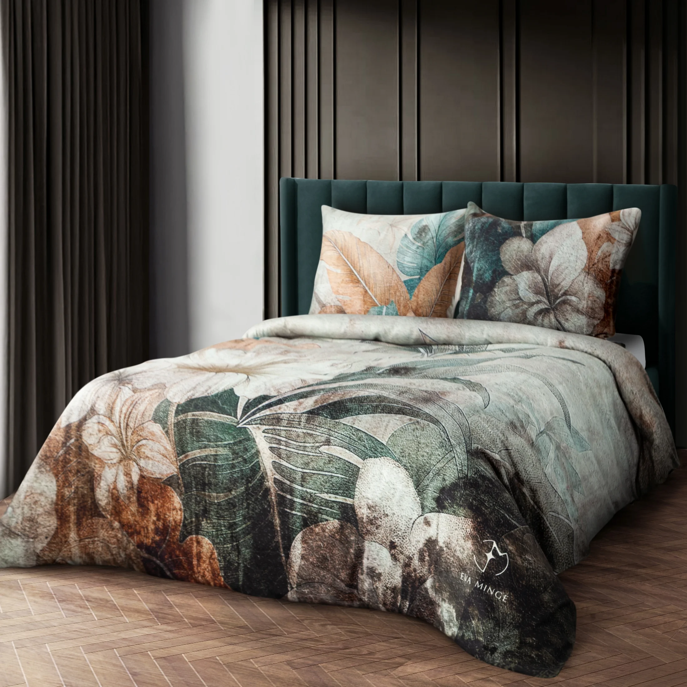 Pościel 160x200 cm z makosatyny bawełnianej kolor jasnoszary, zielony z wzorem designerskim SERENA Eva Minge | eurofirany