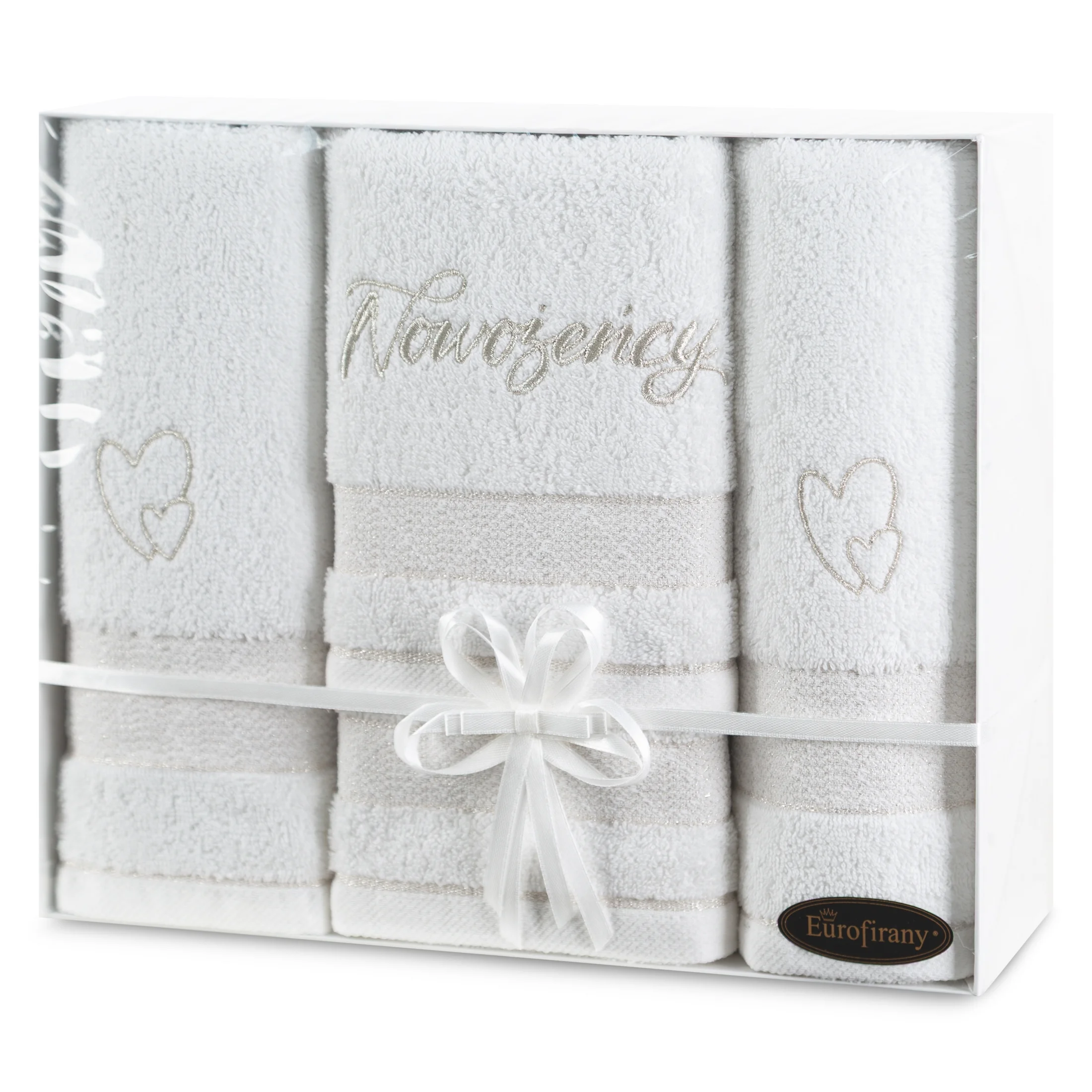 Zestaw ręczników bawełnianych na prezent 2 szt 30x50 cm, 2 szt 50x90 cm kolor biały z haftem NOWOŻEŃCY