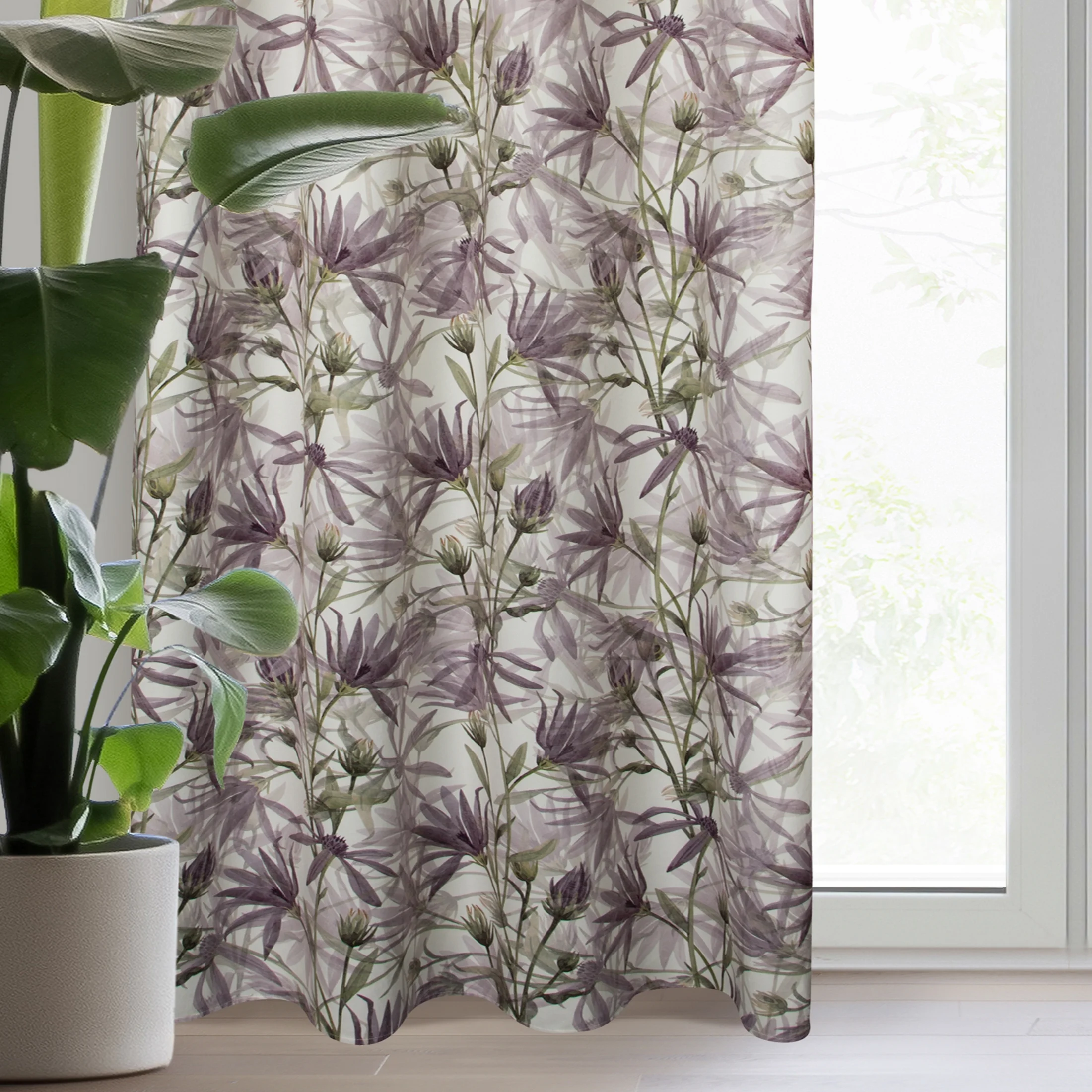 Zasłona fioletowo, zielona z motywem malowanych kwiatów z welwetu140x250 cm przelotka - TESSA | eurofirany