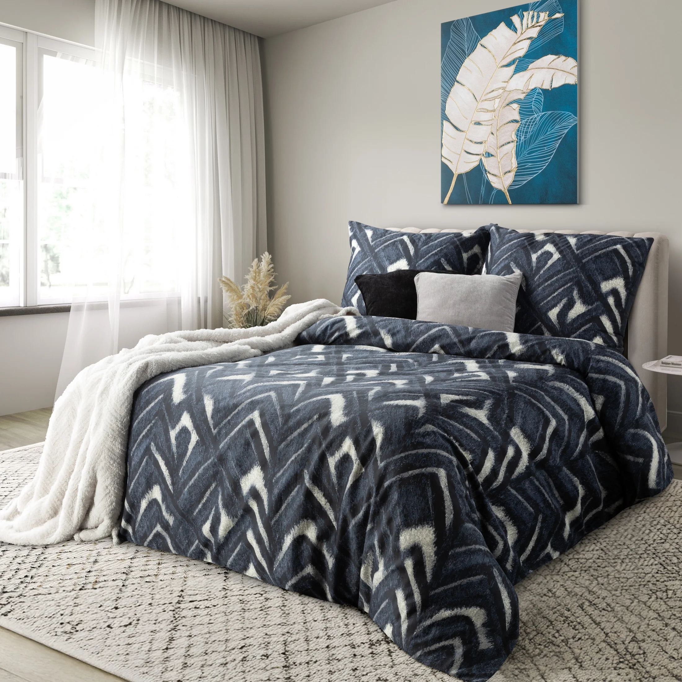 Pościel 220x200 cm z satyny bawełnianej kolor ciemnogranatowy, szarobeżowy z motywem geometrycznym SPRING 61 | eurofirany