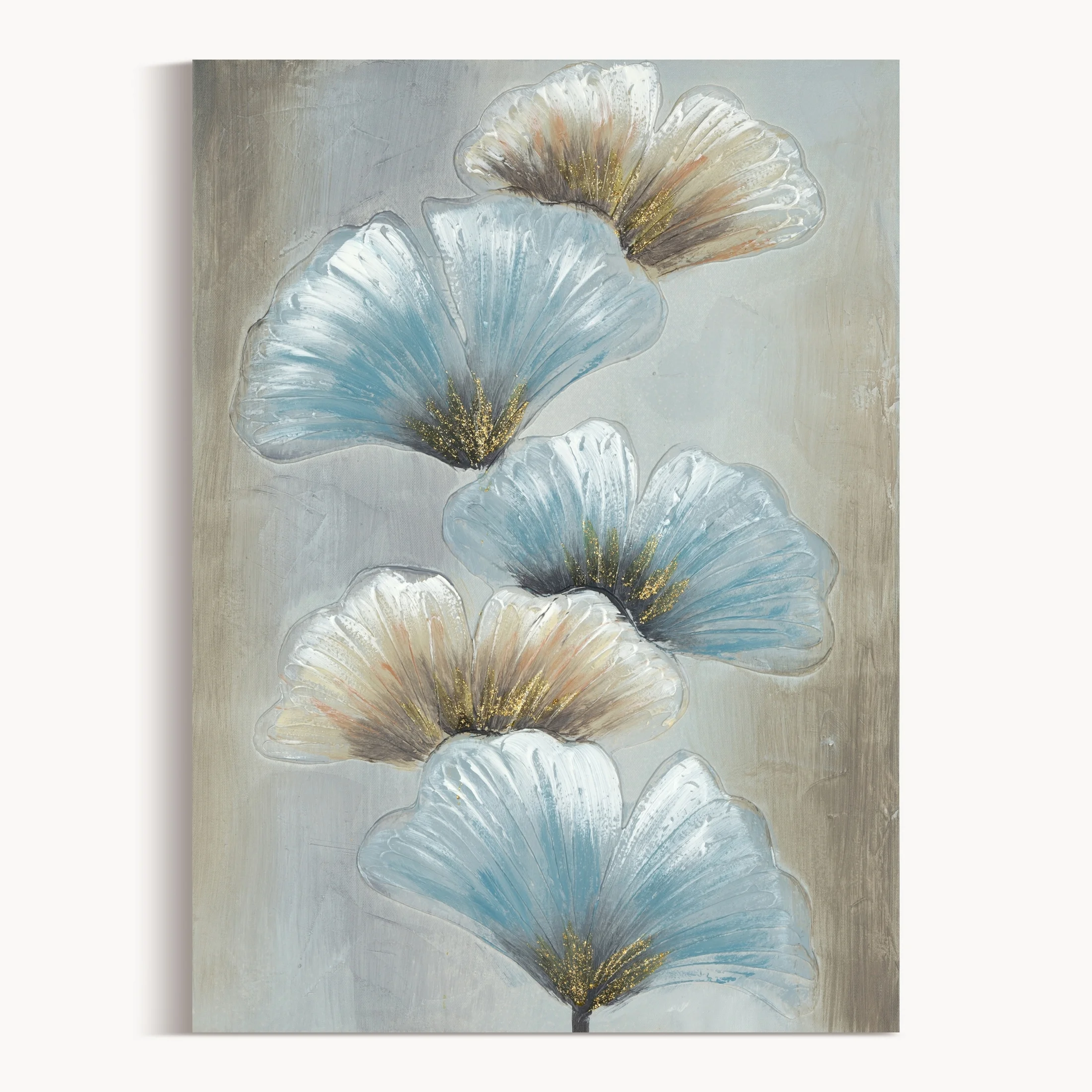 Obraz roślinny beżowo, niebieski ręcznie malowany na płótnie liście miłorzębu 50x70 cm GINKO 1 | eurofirany