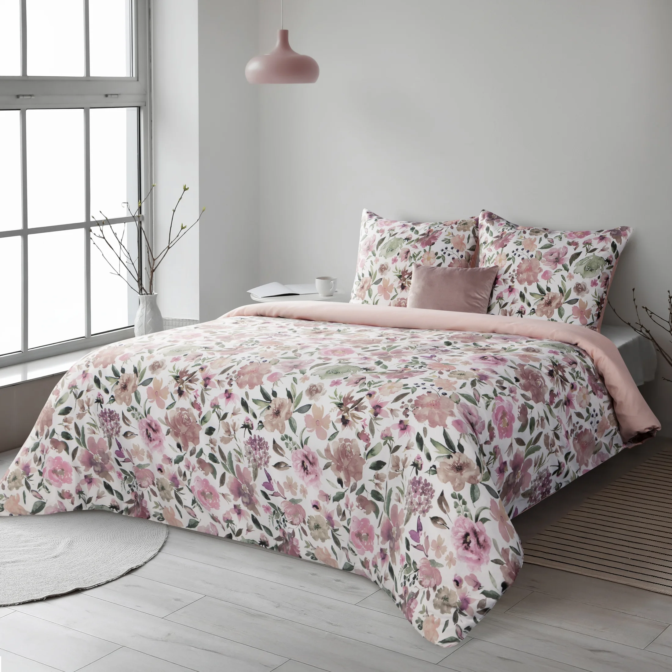 Pościel 220x200 cm bawełniana kolor biały, różowy z wzorem kwiatowym styl romantyczny SPRING 57 | eurofirany
