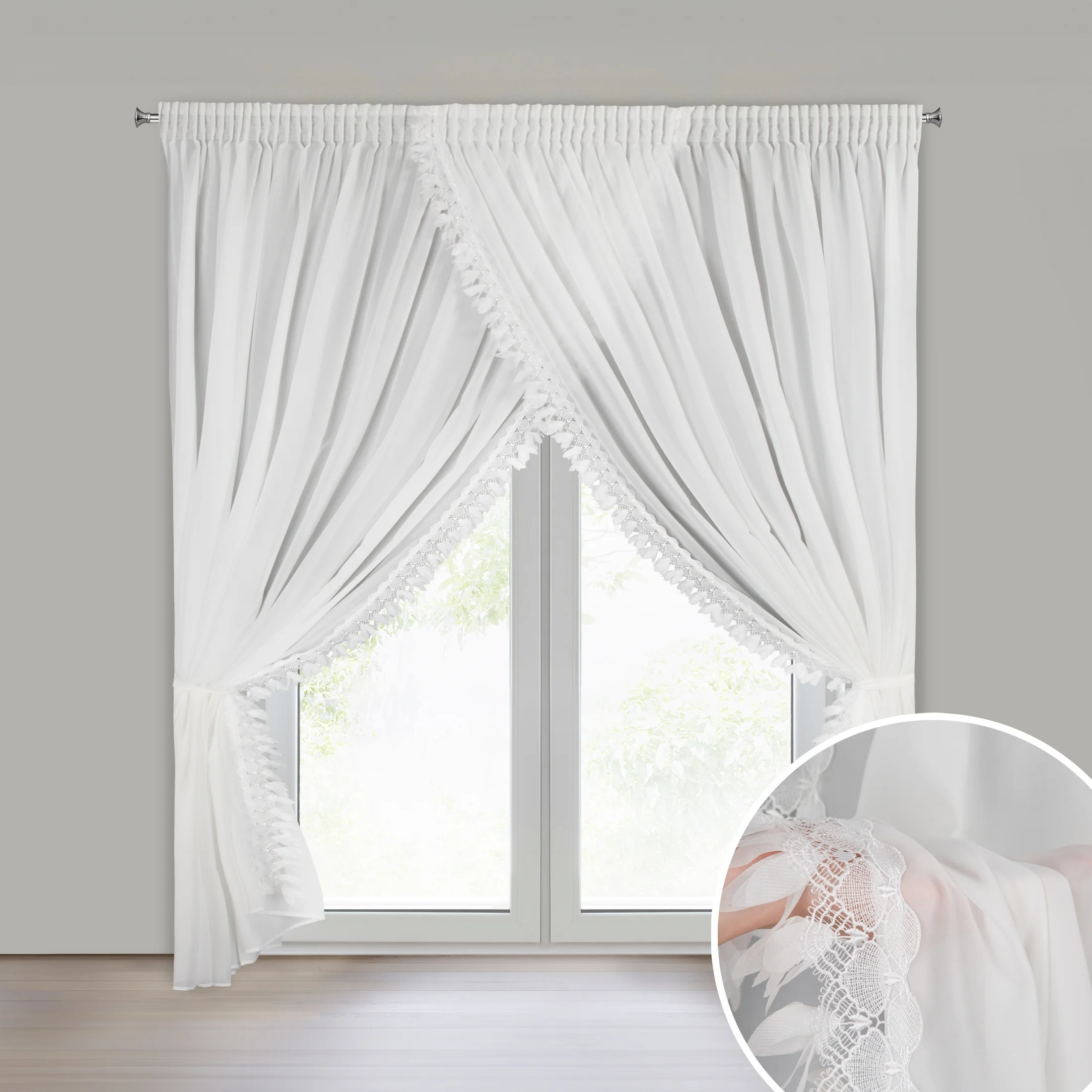 Firana biała z tkaniny szyfonowej zdobiona aplikacją 400x250 cm w zestawie troczki taśma - LORETA1 | eurofirany