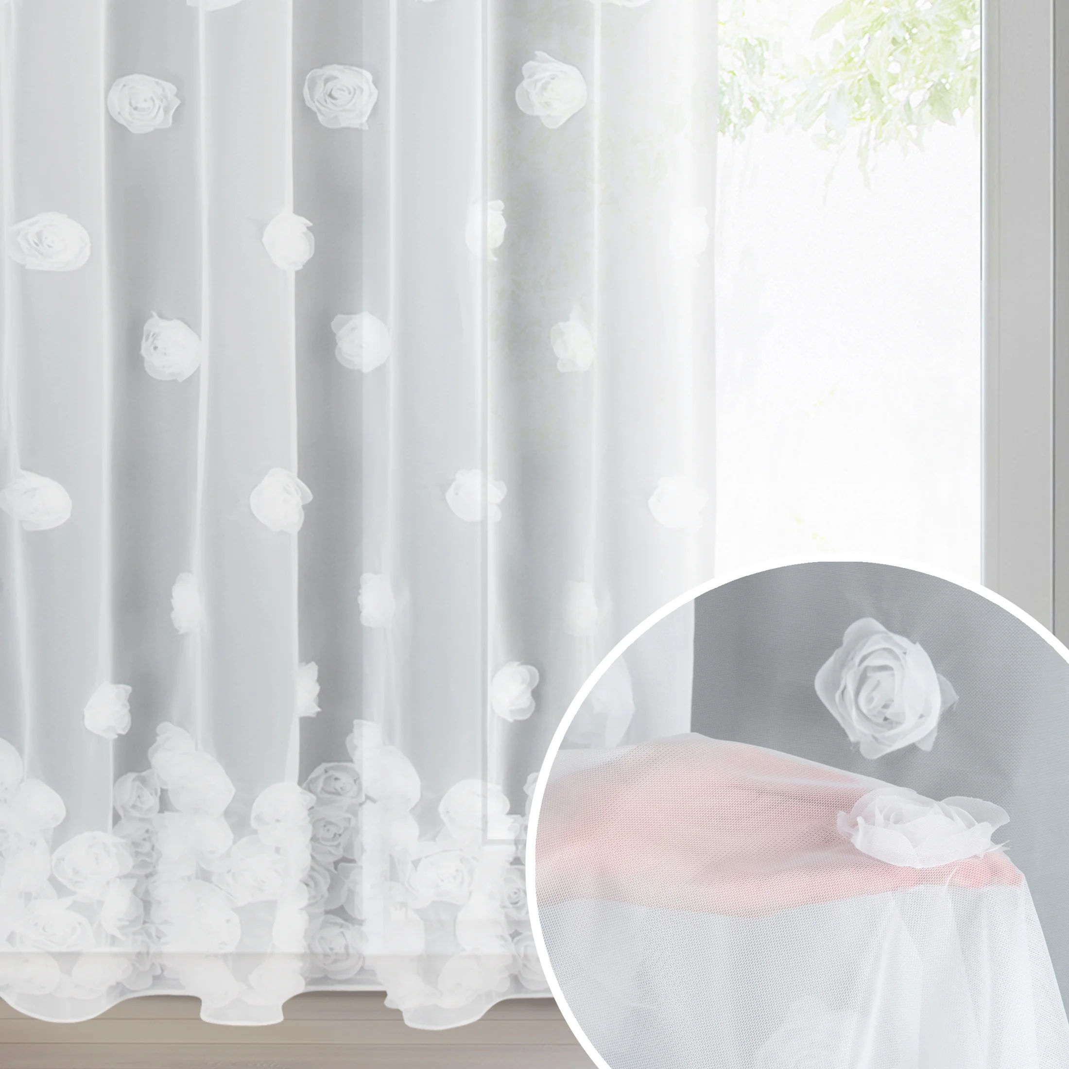 Firana biała z siateczki zdobiona trójwymiarowymi różami 140x270 cm taśma - DIANA | eurofirany