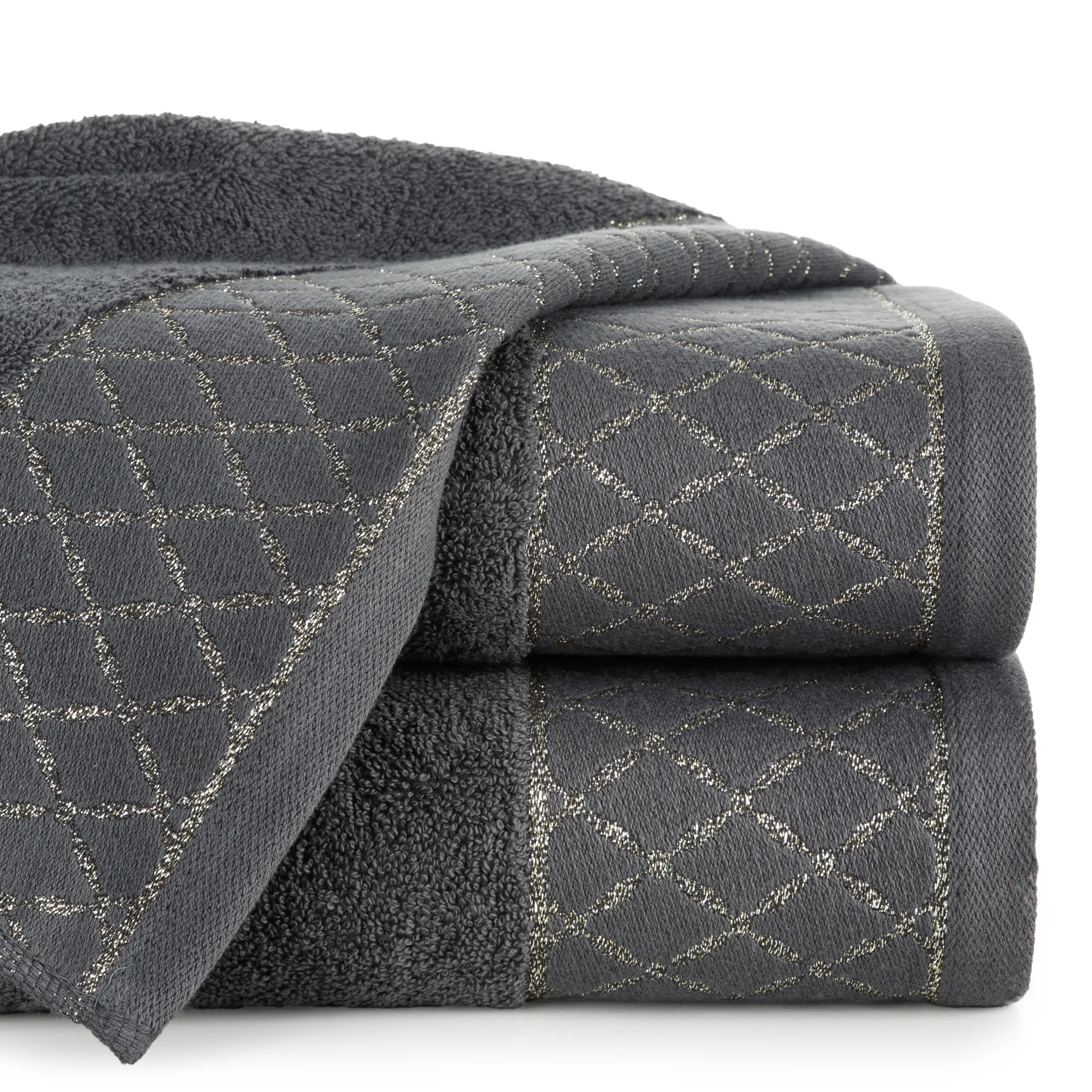 Ręcznik kąpielowy 70x140 cm bawełniany kolor stalowy zdobiony wzorem geometrycznym 500 g/m2 LAYLA