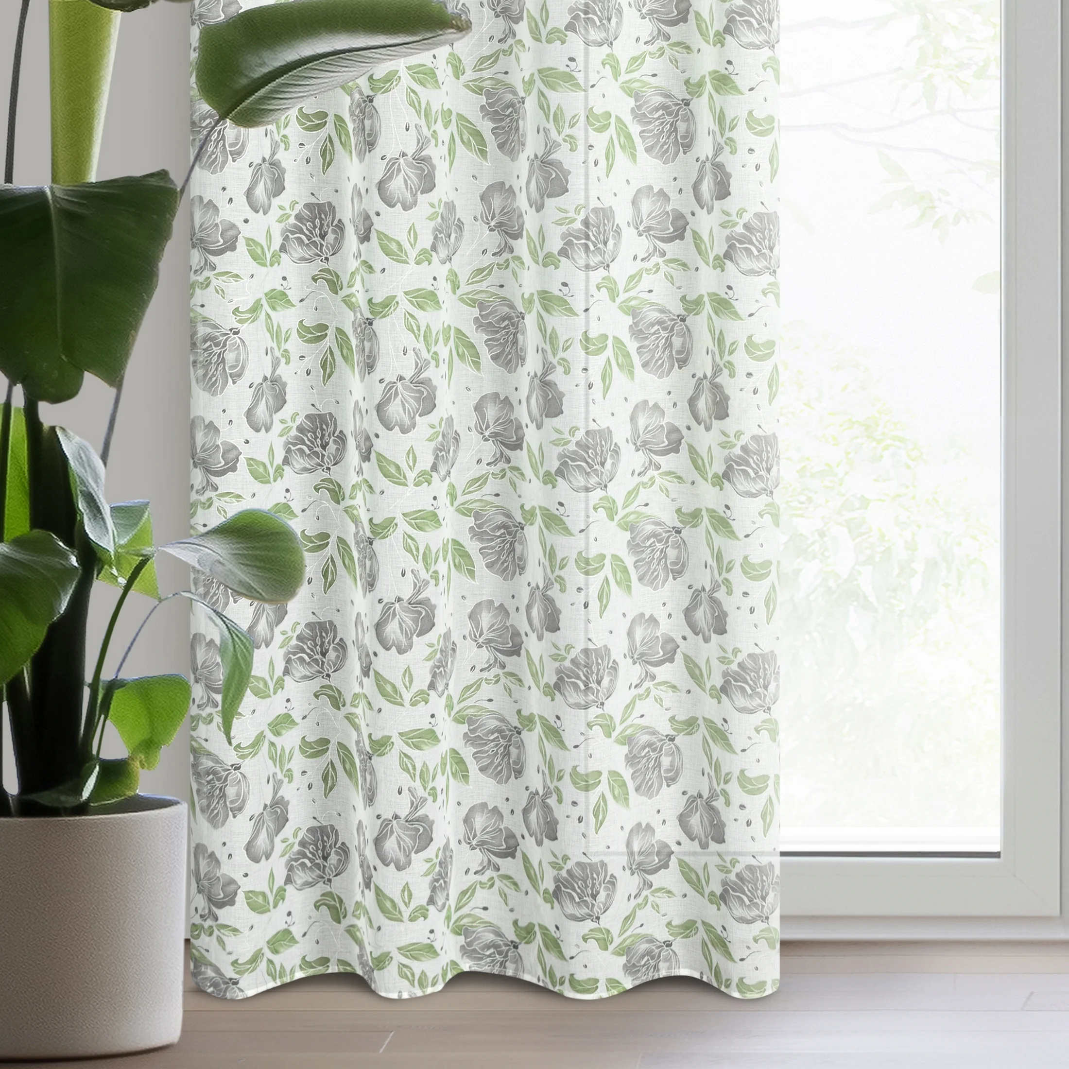 Zasłona biało, zielona zdobiona nadrukiem kwiatów 140x250 cm przelotka - DARI | eurofirany