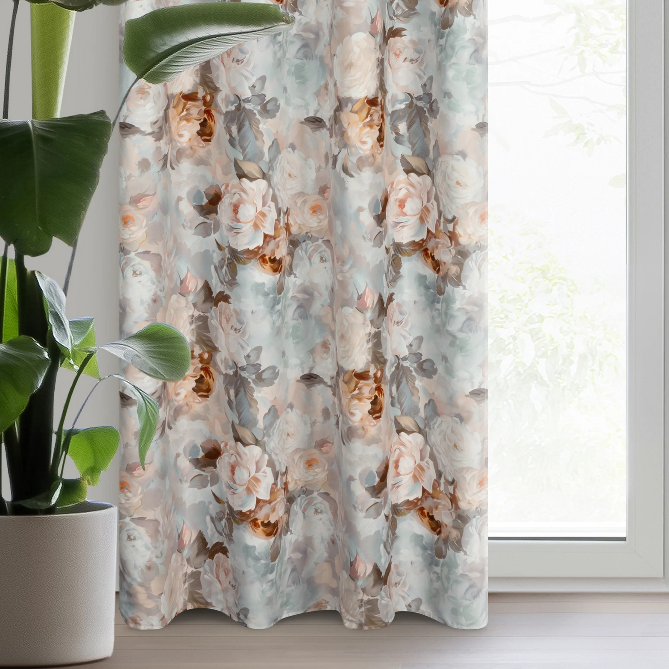 Zasłona beżowo, ruda zdobiona nadrukiem kwiatów 140x250 cm przelotka NESSI | eurofirany