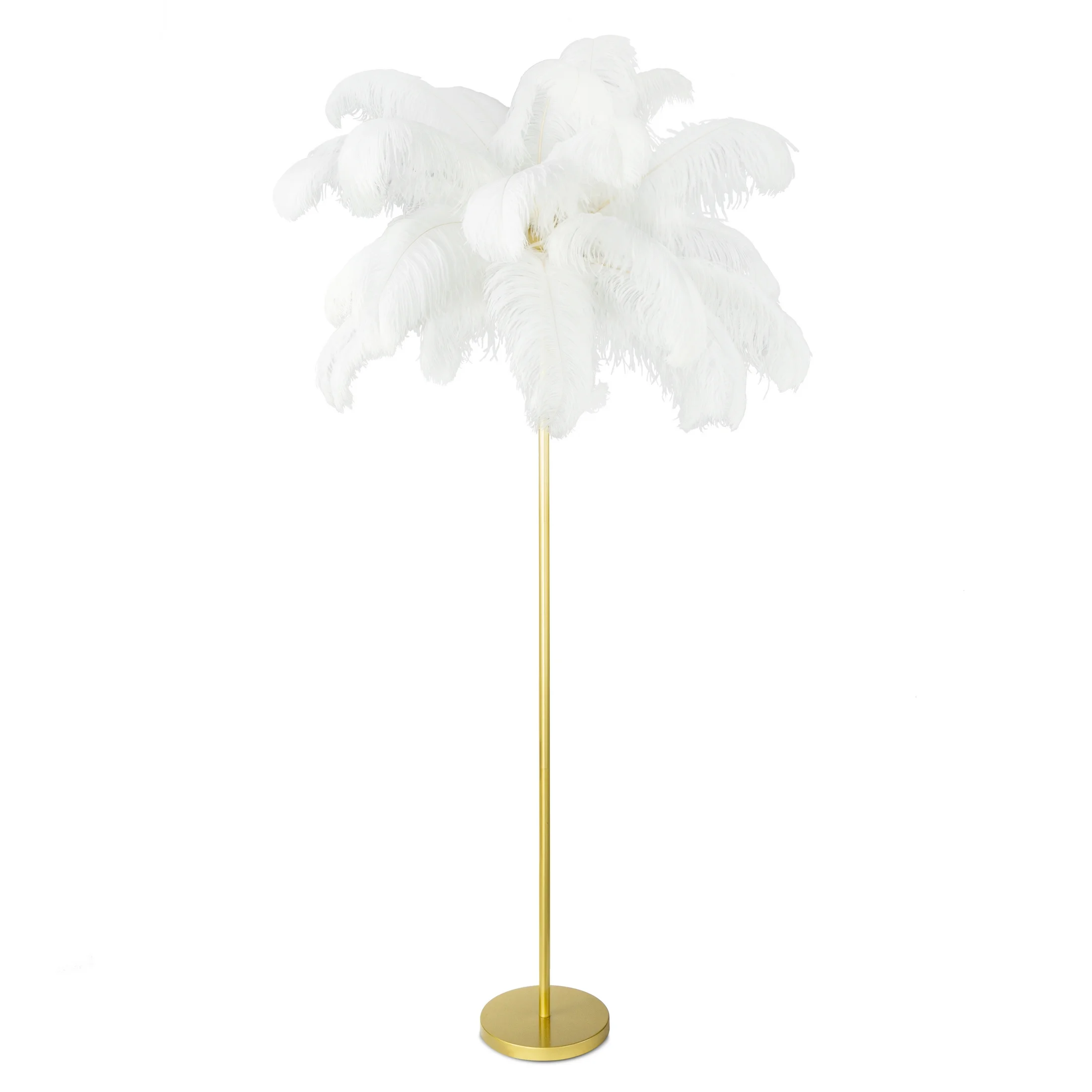 Lampa stojąca do salonu biało, złota FERI na metalowej podstawie z efektownym abażurem z naturalnych strusich piór