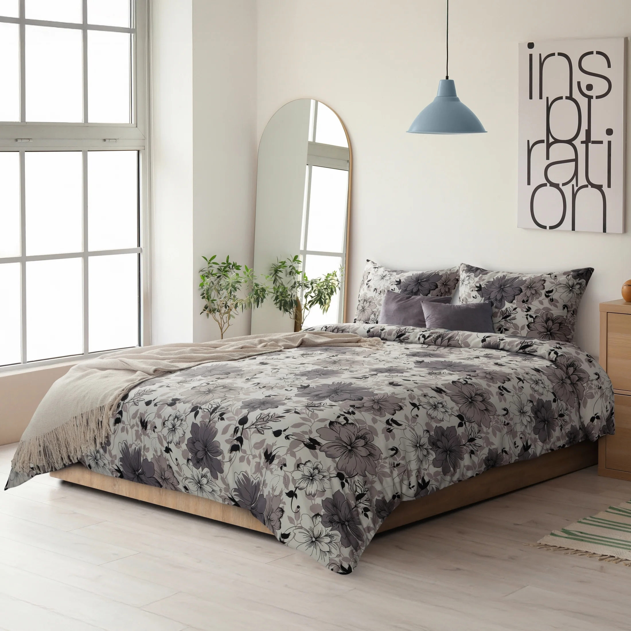 Pościel 220x200 cm bawełniana kolor biały, stalowy w romantycznym stylu z kwiatowym wzorem SPRING 9 | eurofirany