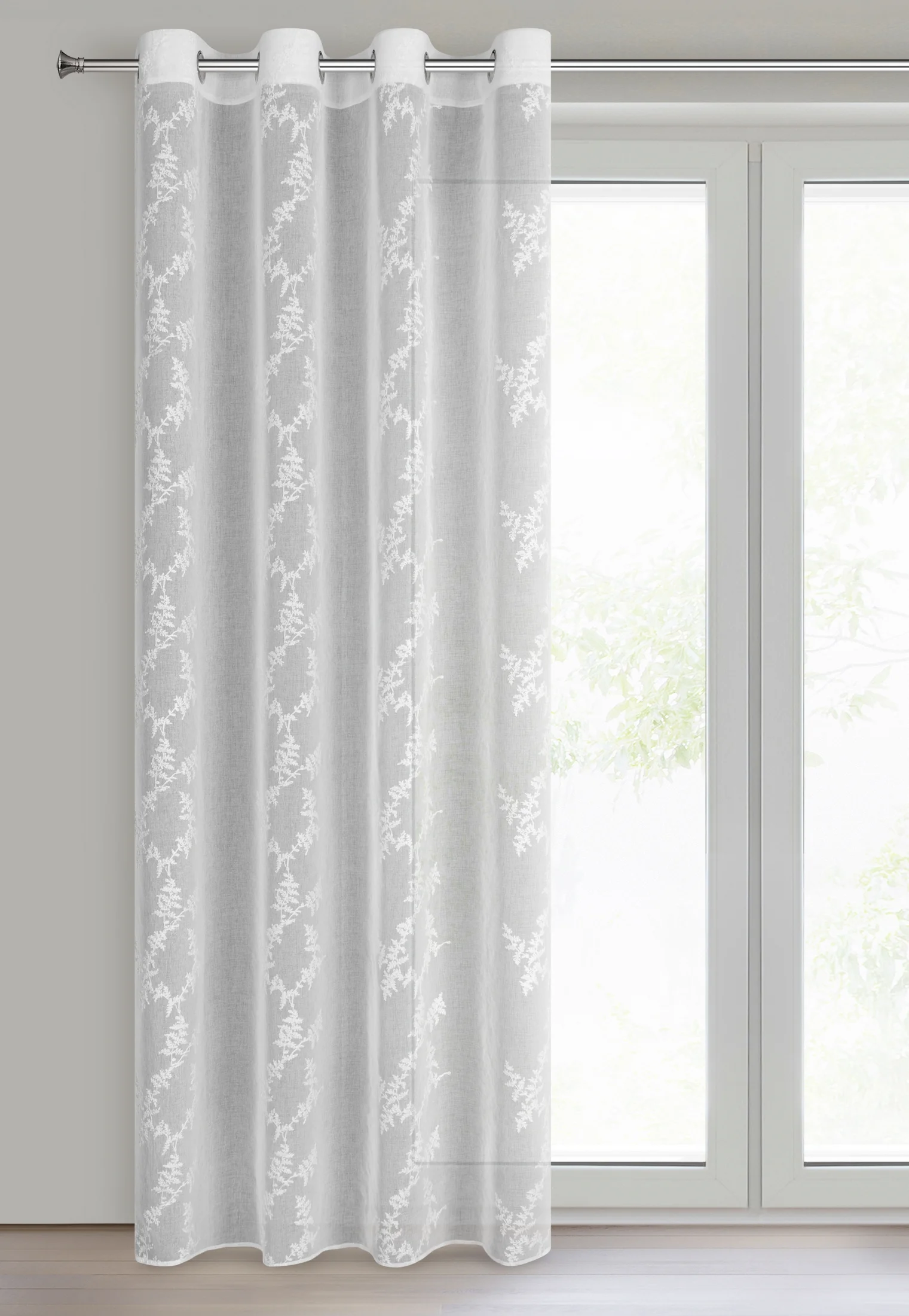 Firana biała z etaminy zdobiona roślinnym haftem 140x250 cm przelotka ANDY