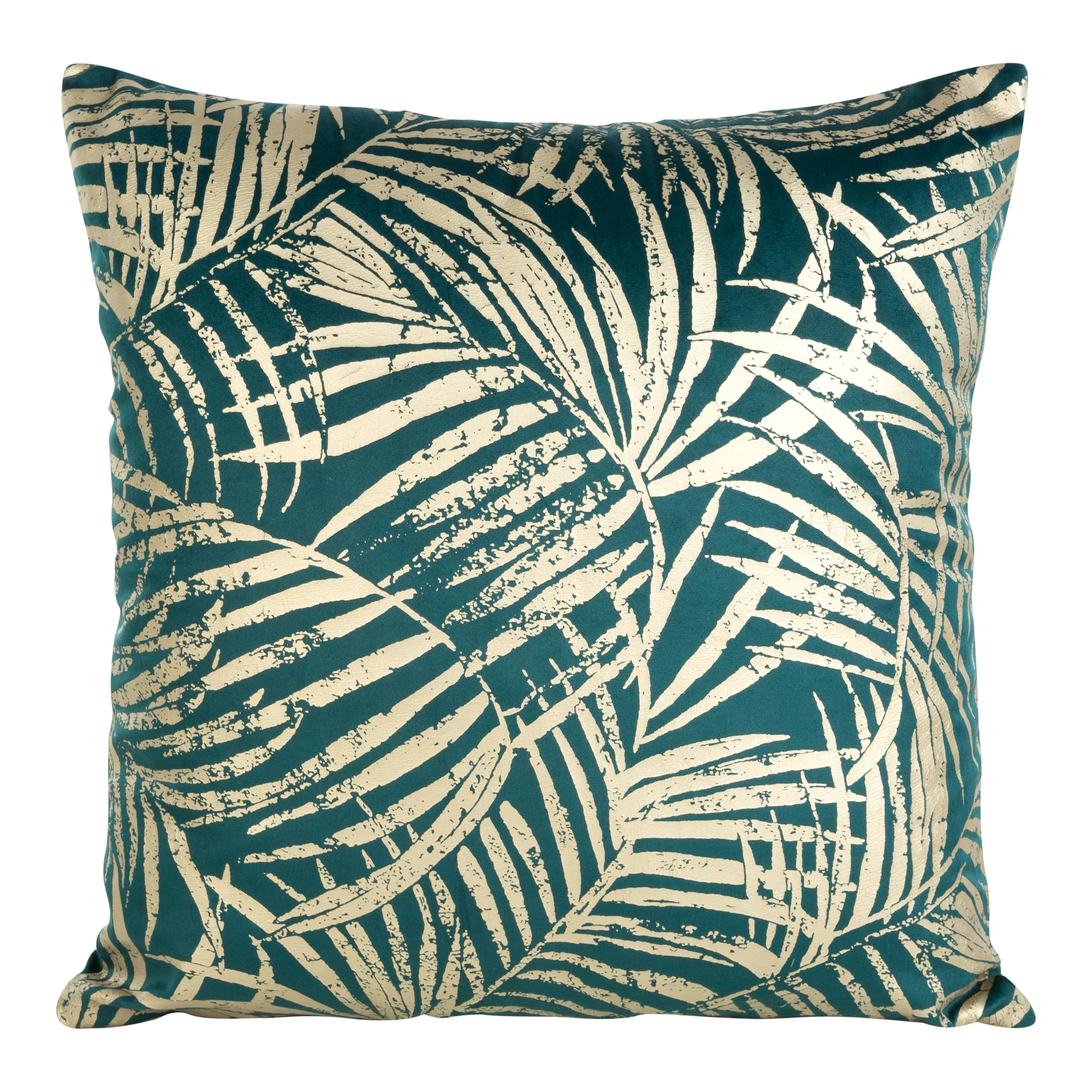 Poszewka na poduszkę 45x45 cm welwetowa ciemnoturkusowa ze złocistym nadrukiem liści BLINK 26 | eurofirany