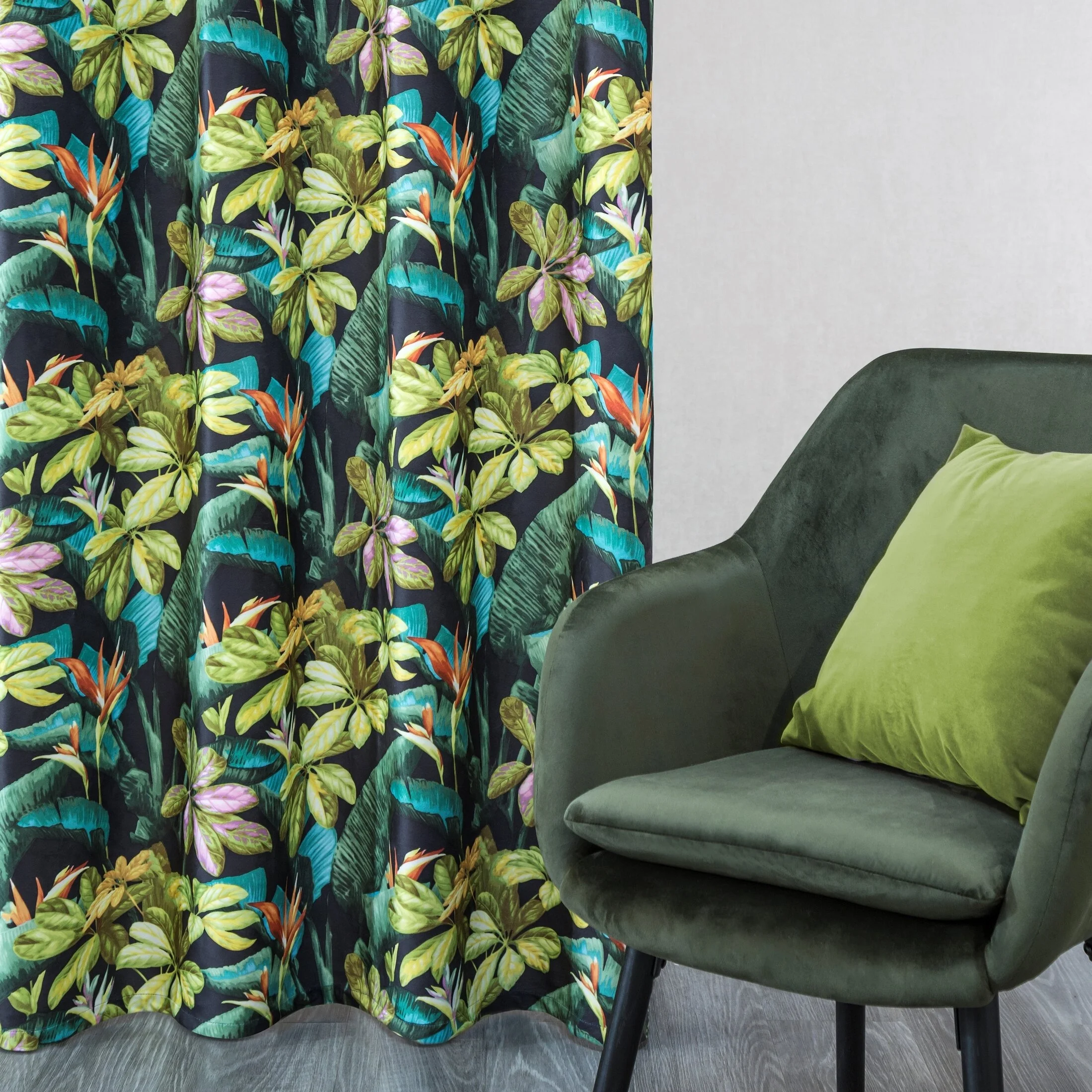 Zasłona welwetowa, czarno zielona z motywem liści 140x250 przelotka - LIVY - Design 91 | eurofirany