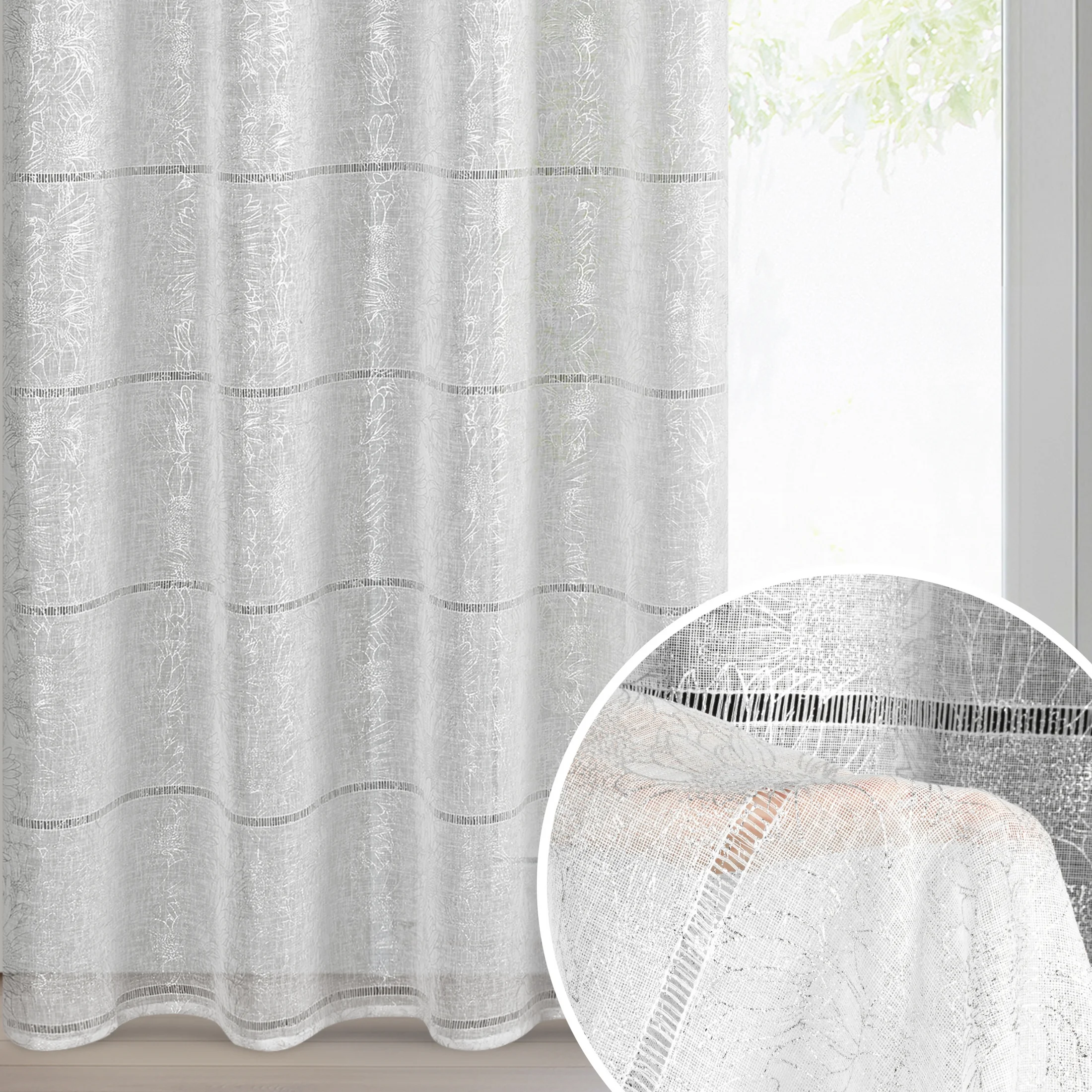 Firana biało, srebrna zdobiona ażurowymi paskami i roślinnym nadrukiem 140x250 cm przelotka - KATY | eurofirany