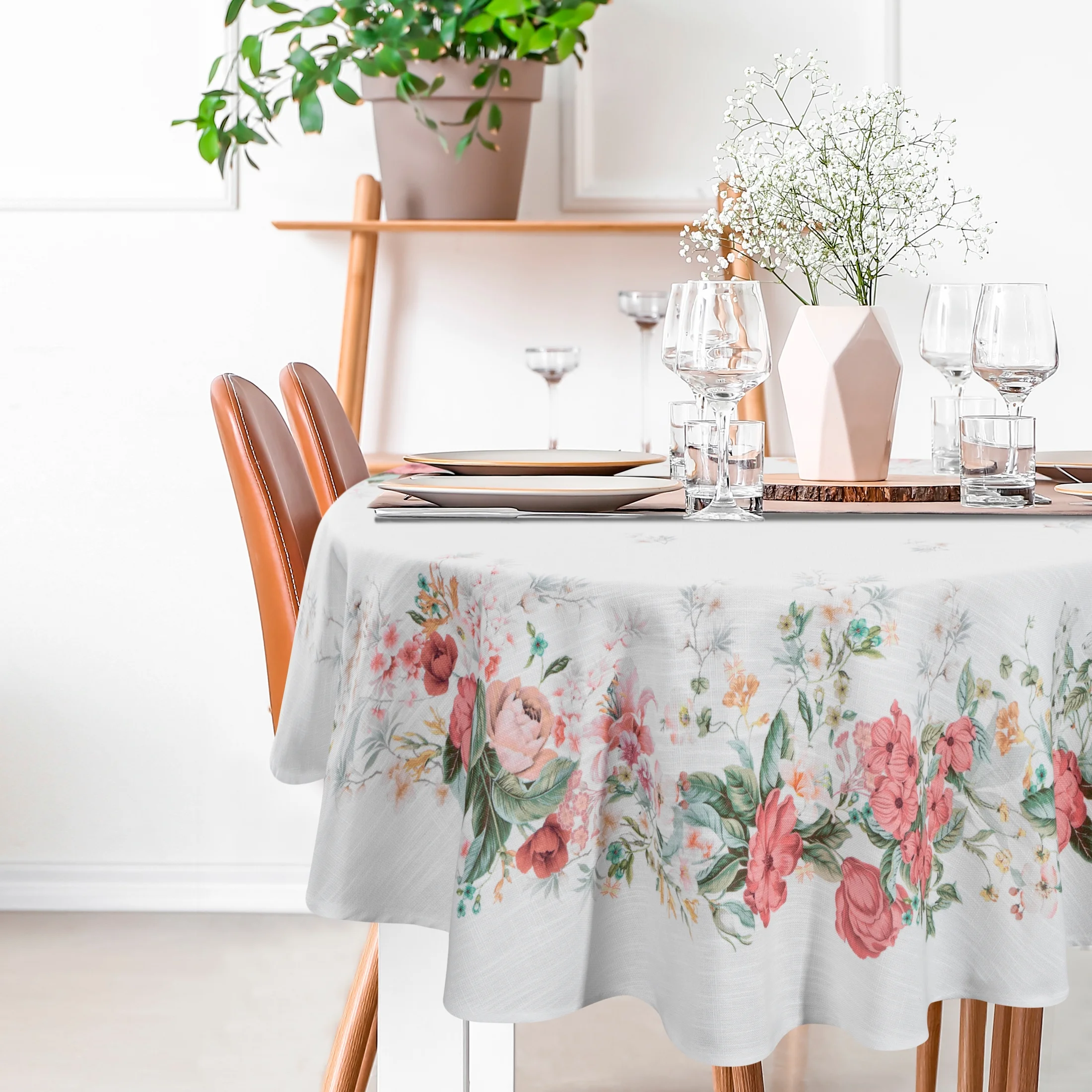 Obrus okrągły naturalno ,różowy srednica 120 cm SUMMER 12 zdobiony nadrukiem letnich kwiatów