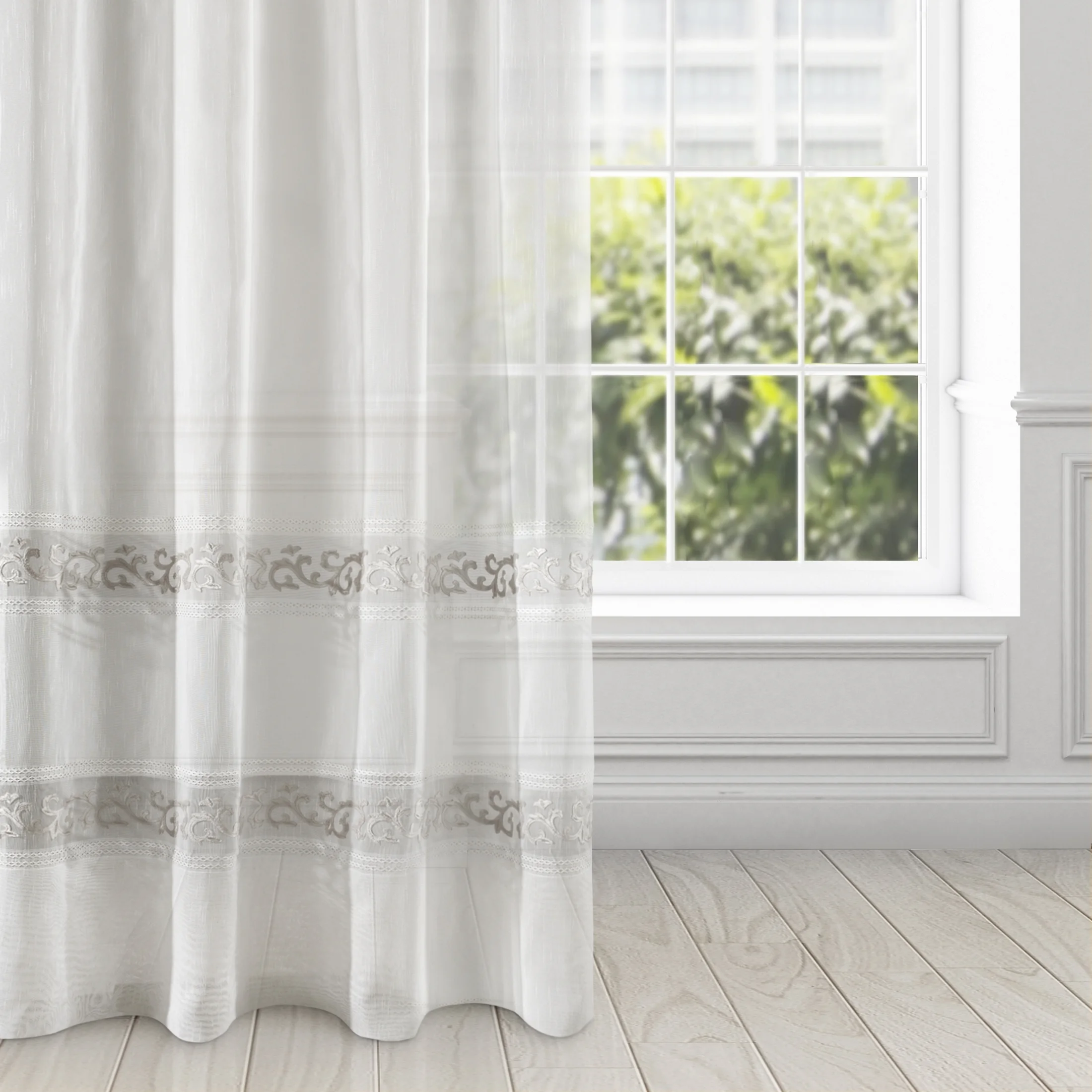 Firana biało, szara zdobiona mereżką, ornamentowym wzorem z welwetu 140x270 cm przelotka ANNE DIVA LINE | eurofirany