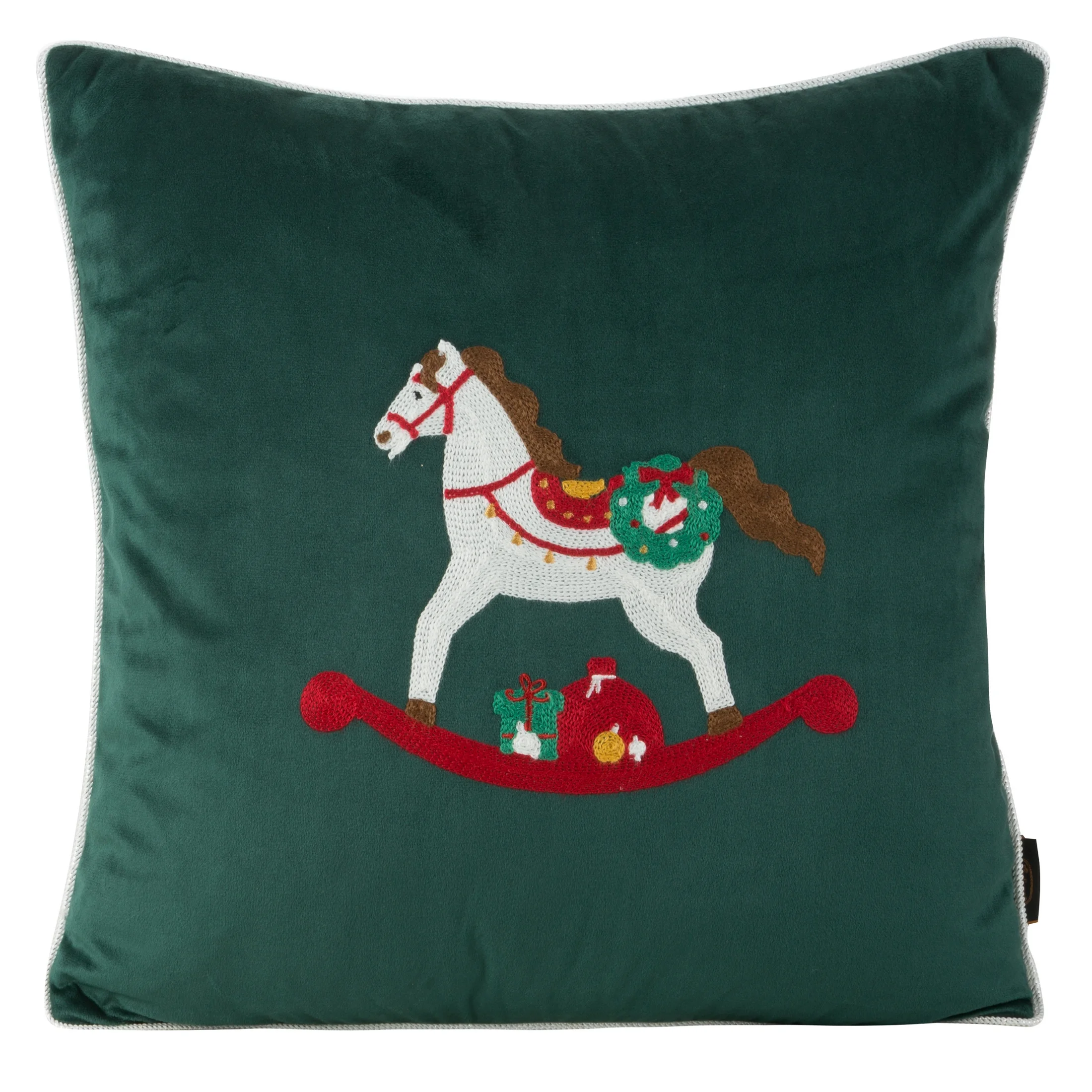 Poszewka na poduszkę 45x45 cm welwetowa kolor zielony z haftem z konikiem na biegunach | eurofirany