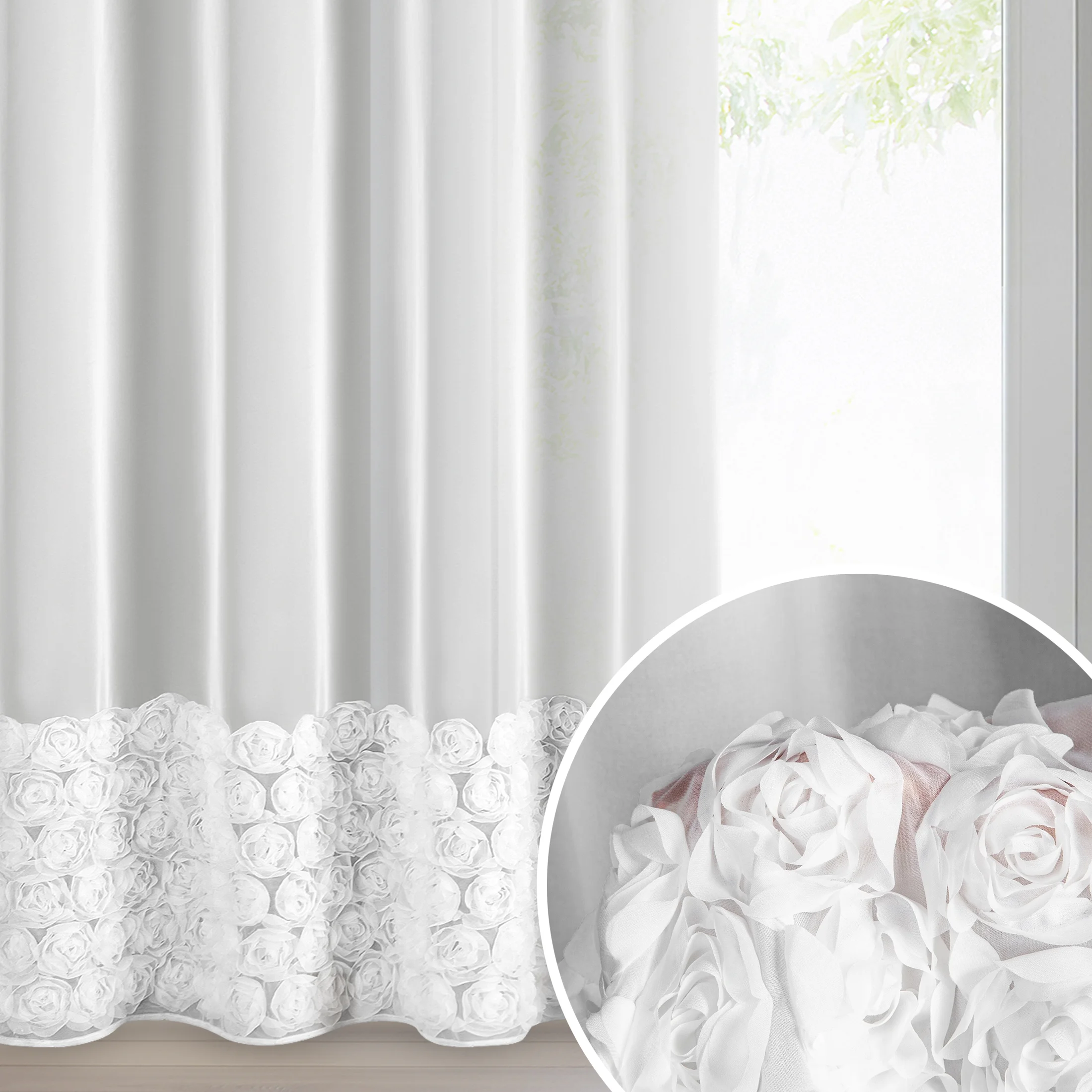 Firana biała z siateczki zdobiona aplikacją 3D w róże 140x250 cm przelotka - ROSES3 - Eva Minge | eurofirany