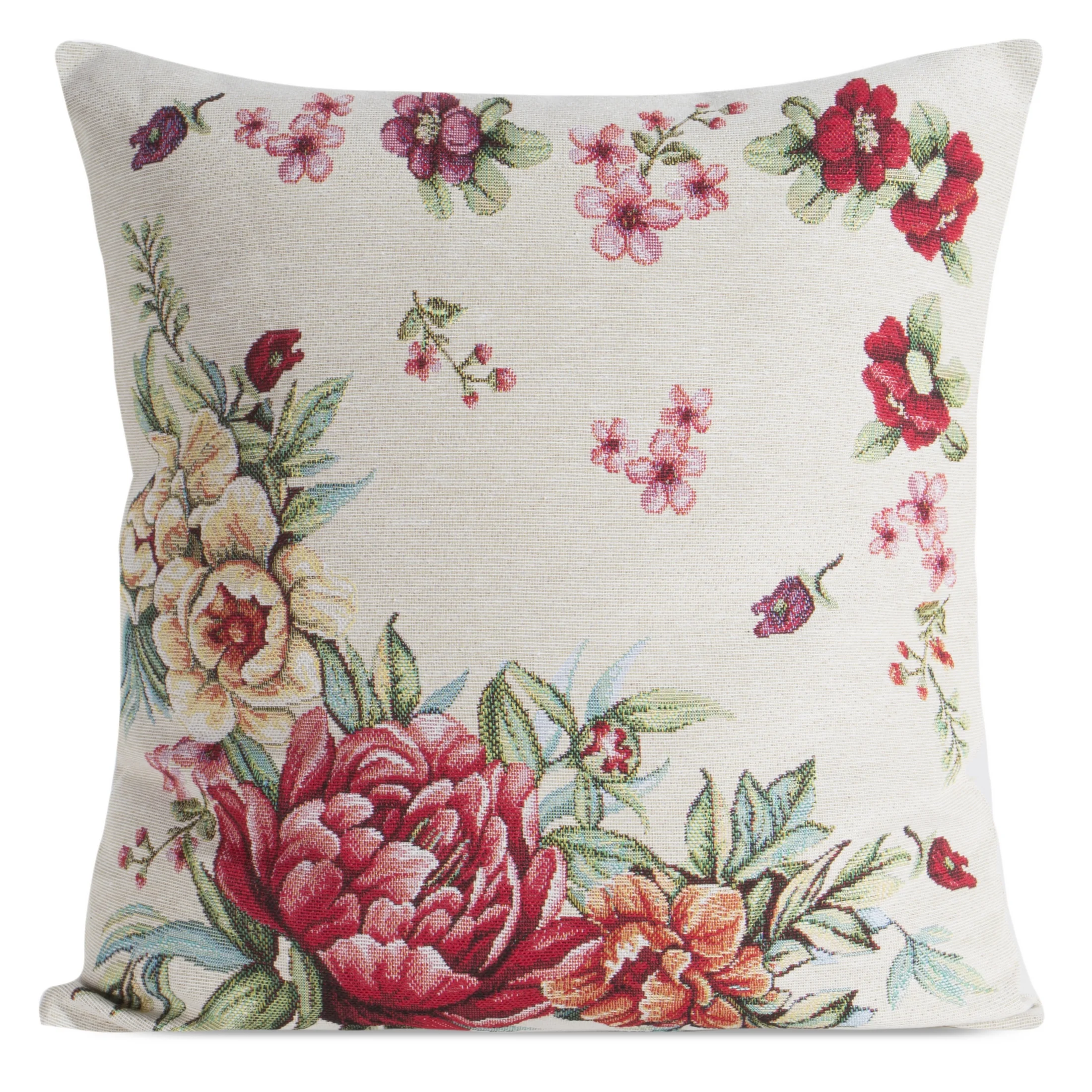 Poszewka na poduszkę 45x45 cm bawełniana, gobelinowa naturalno, czerwona z motywem kwiatów piwonii GRIA | eurofirany