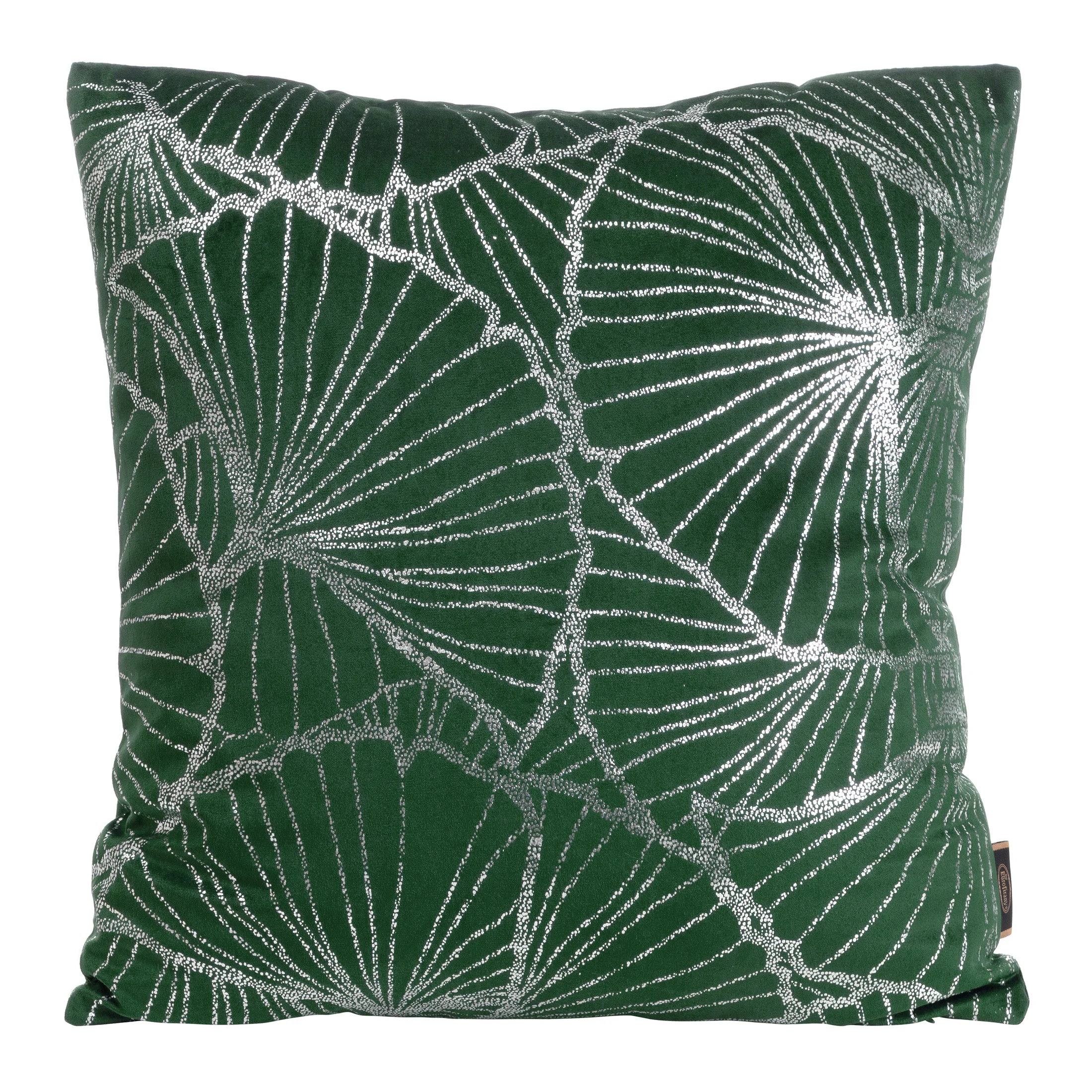 Poszewka na poduszkę 45x45 cm welwetowa ciemnozielona z nadrukiem srebrnych liści miłorzębu BLINK 39 | eurofirany
