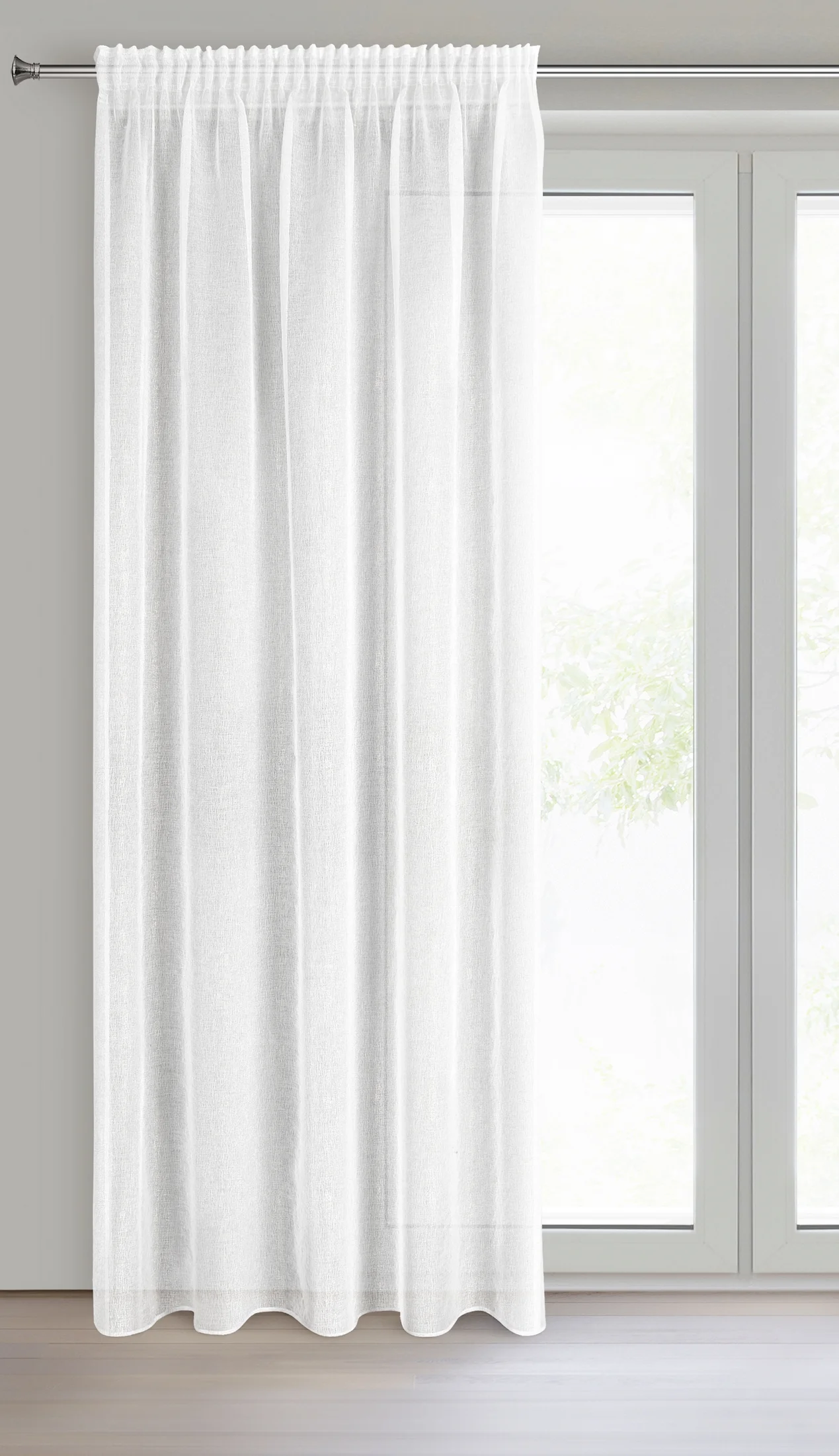 Firana biało, srebrna z etaminy zdobiona nakrapianym błyszczącym wzorem 140x270 cm taśma LUCILA