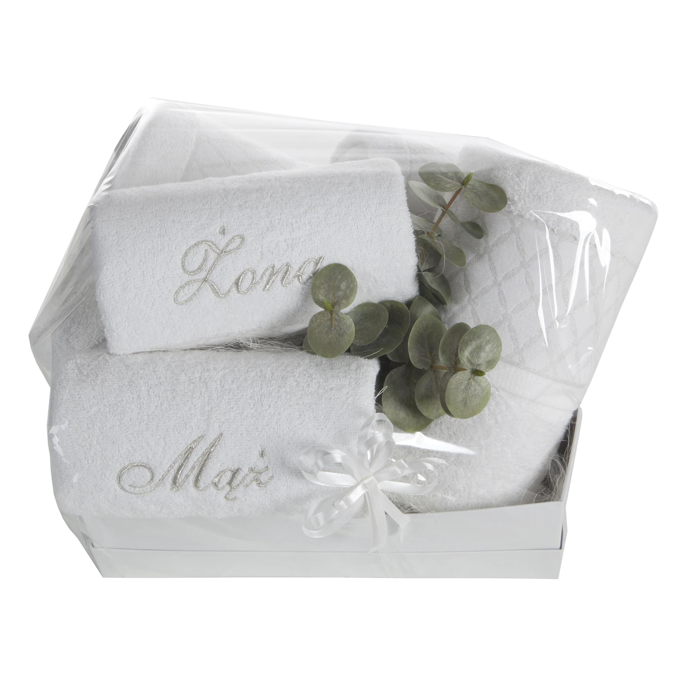 Zestaw ręczników bawełnianych na prezent 2 szt 30x50 cm, 2 szt 50x90 cm, 2szt 70x140 cm kolor biały z subtelnym haftem ŻONA MĄŻ