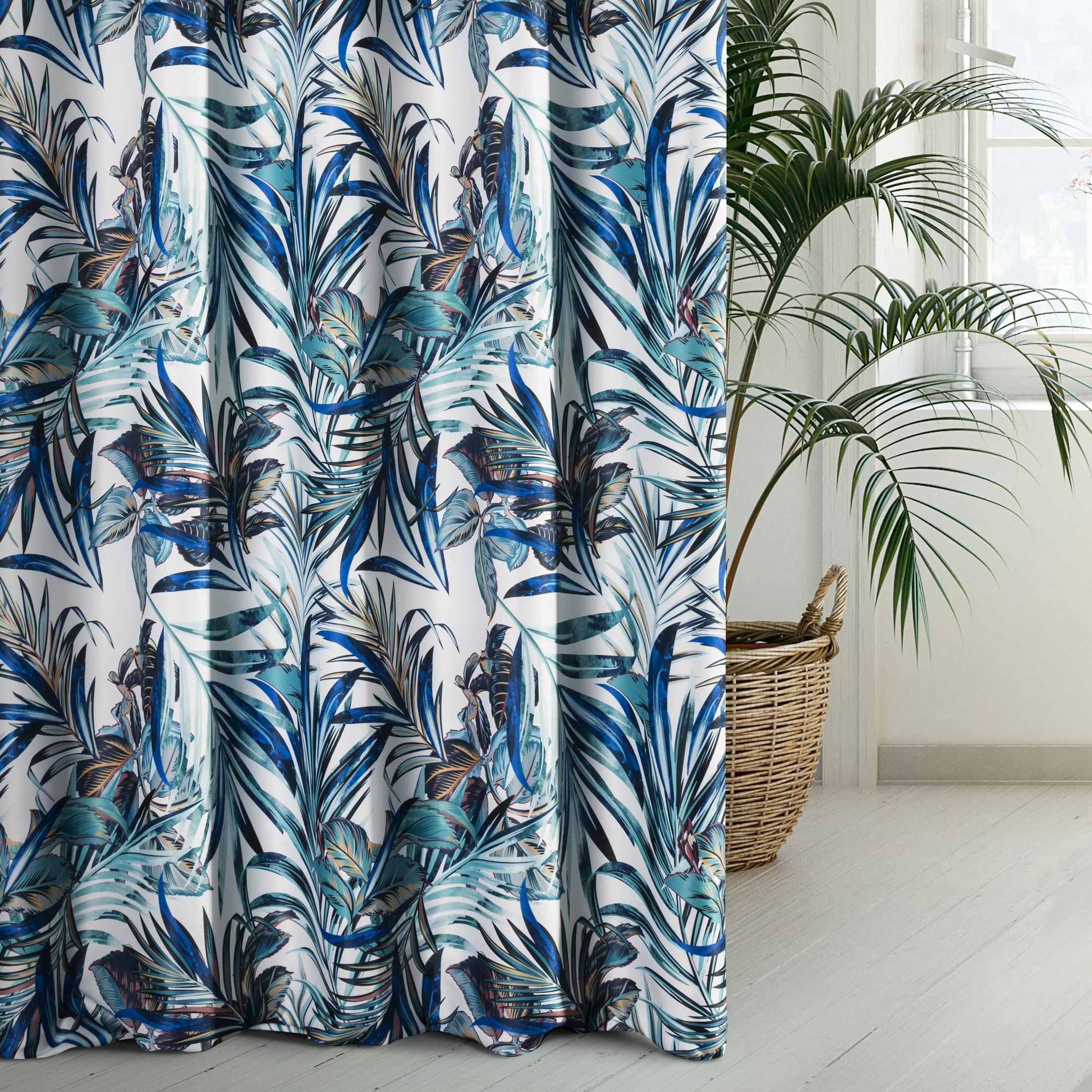 Tkanina zasłonowa zaciemniająca typu blackout z motywem egzotycznych liści