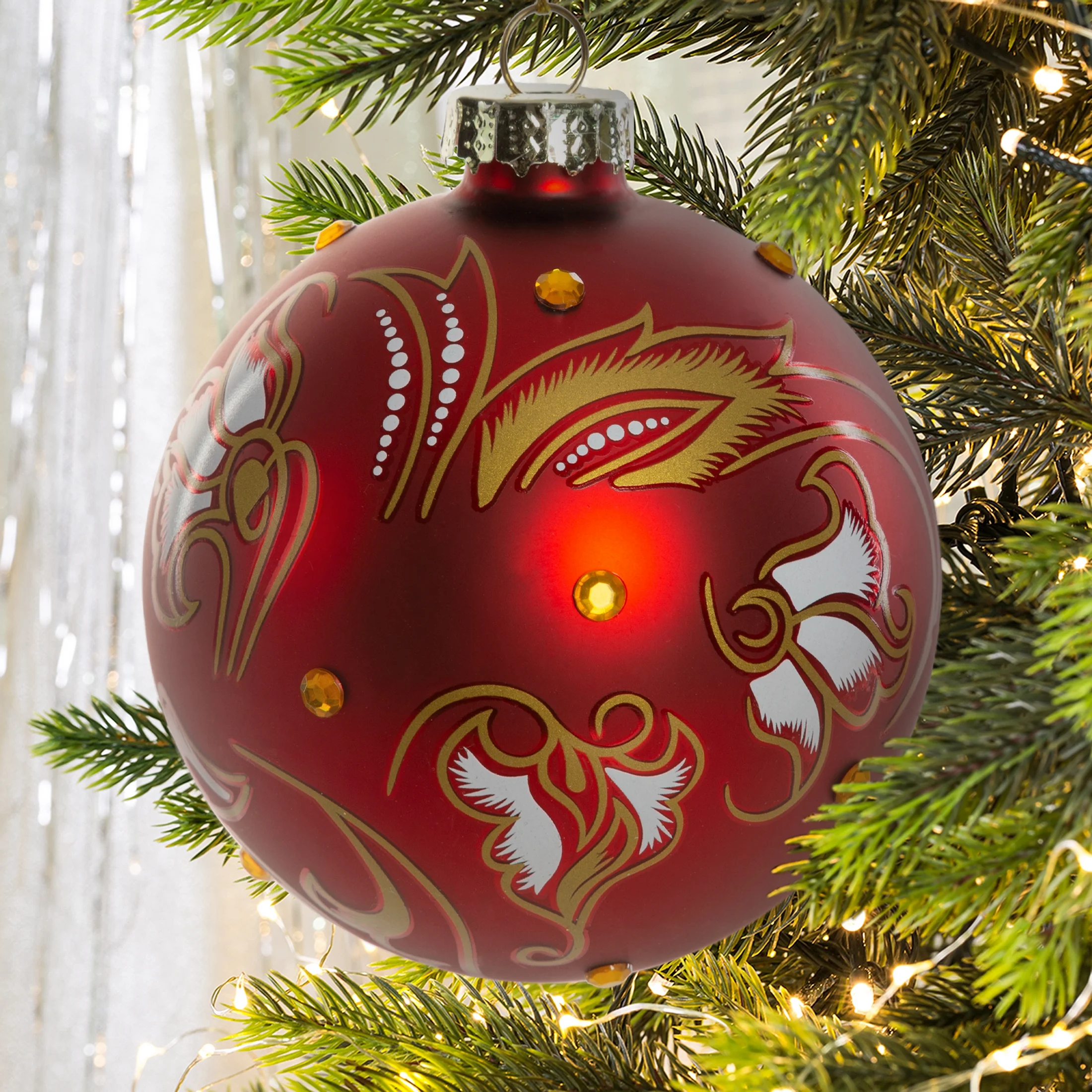 Bombka szklana ręcznie zdobiona ornamentem i kryształkami | eurofirany