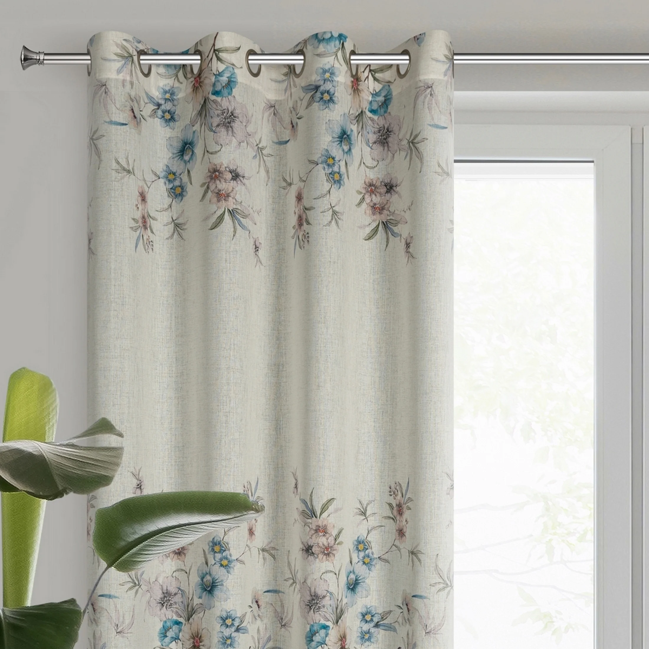 Zasłona naturalno, niebieska zdobiona kwiatami,w stylu eko 140x250 cm przelotka IVY 2 | eurofirany