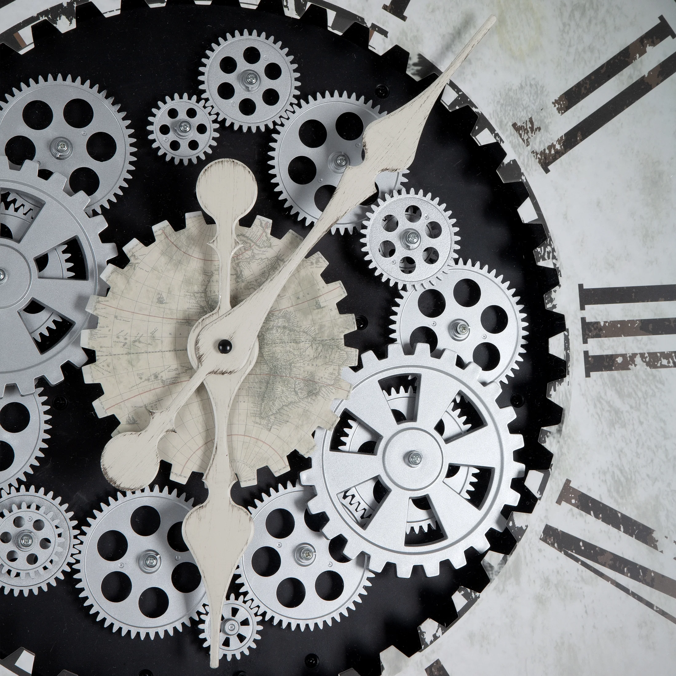 Zegar ścienny biało-czarny w stylu retro z ruchomymi kołami zębatymi średnica 72x8 cm