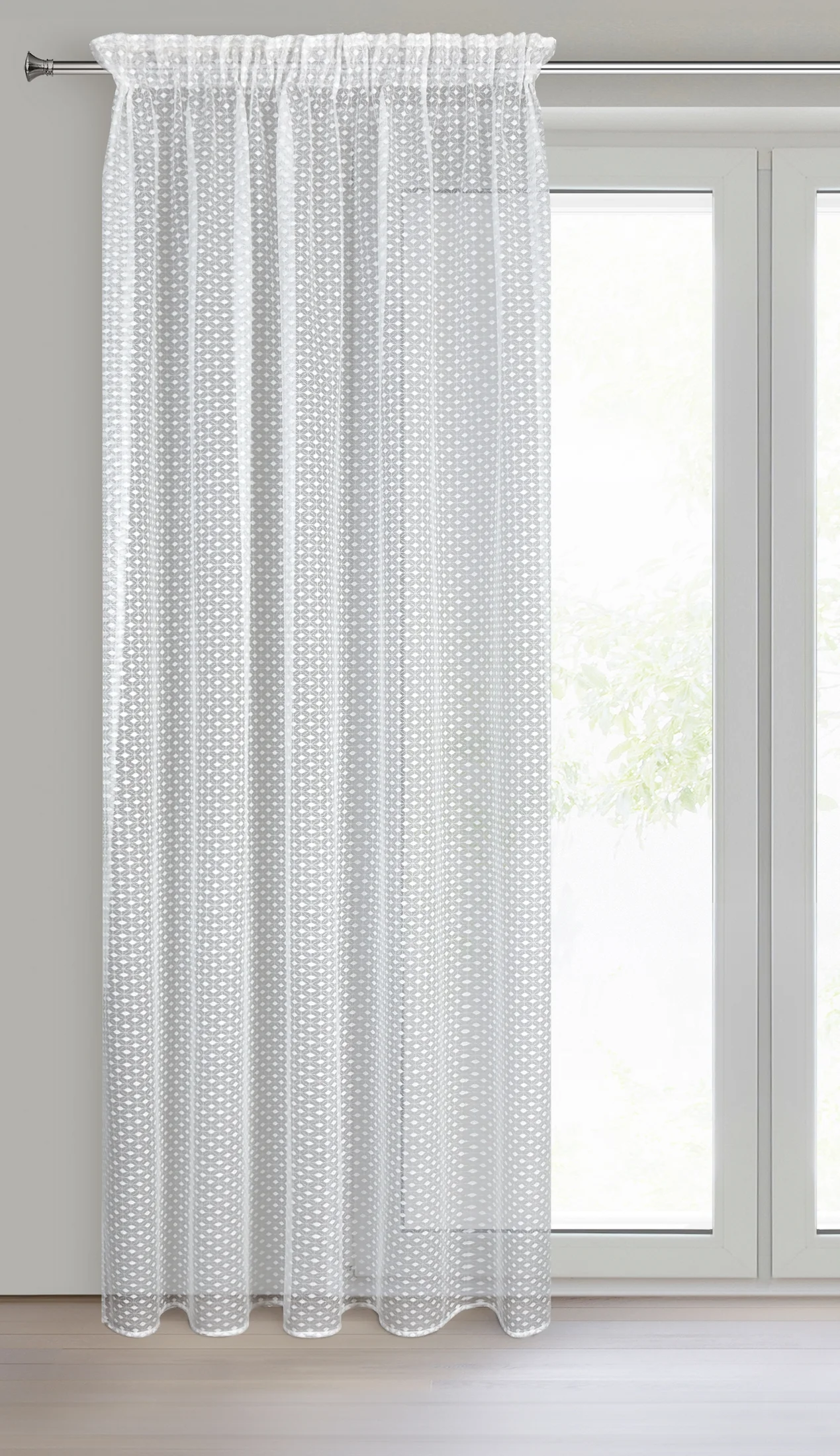 Firana biała z drobnym wzorem geometrycznym 140x270 cm taśma ALAYA