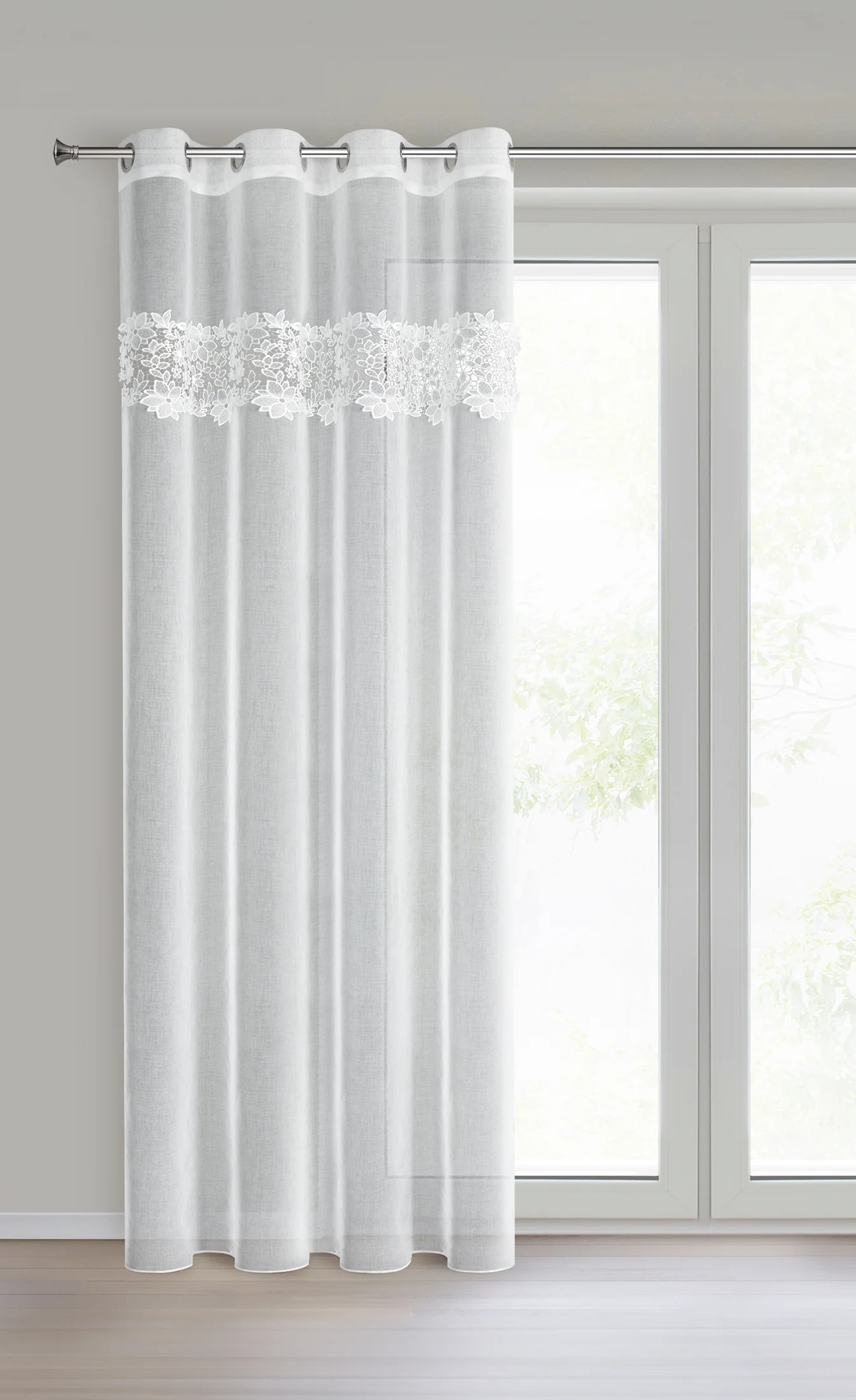 Firana biała z matowej etaminy zdobiona subtelną aplikacja w formie kwiatów 140x250 cm przelotka - ARTEMIDA