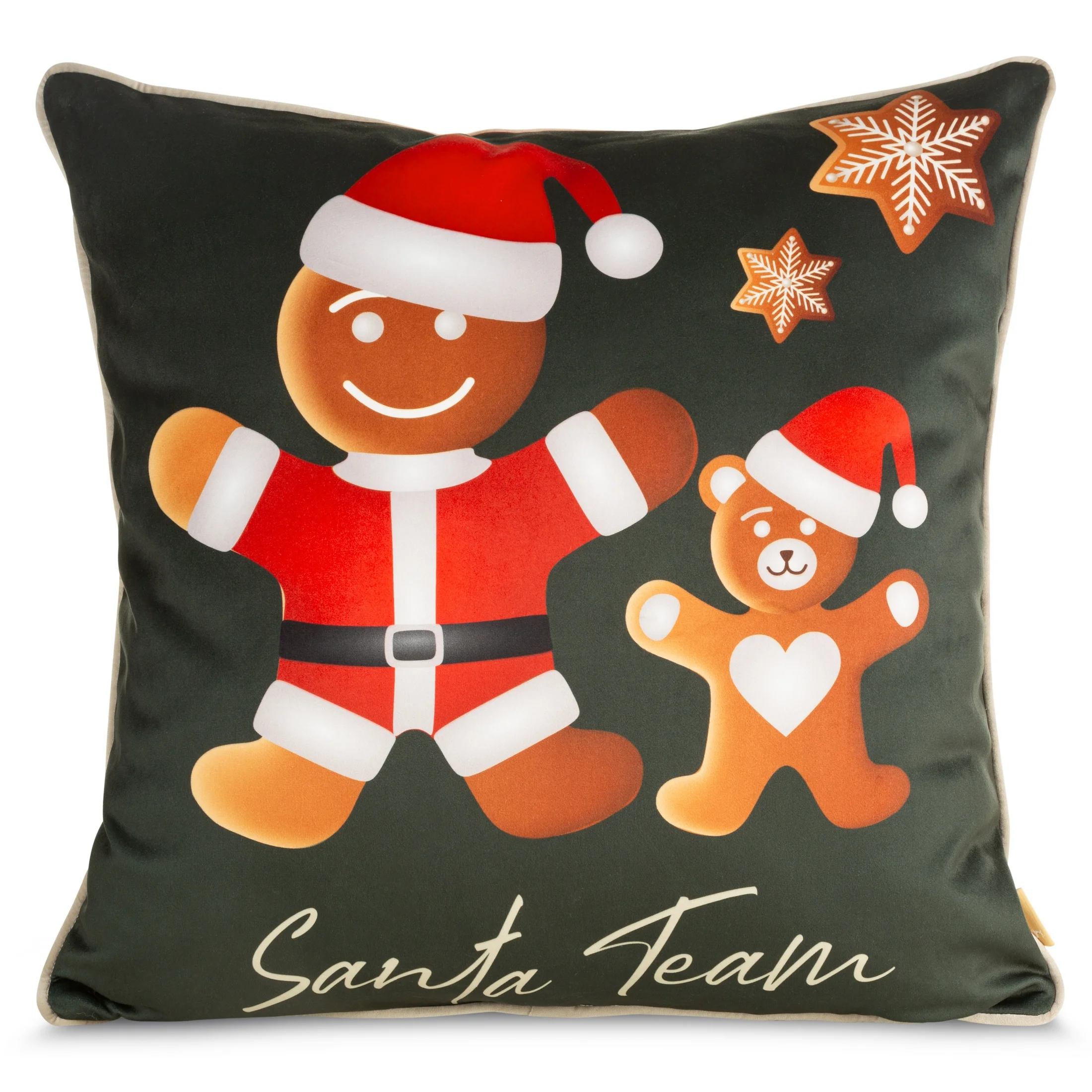 Poszewka na poduszkę 60x60 cm welwetowa, zielono czerwona ze świątecznym motywem pierników GINGER | eurofirany