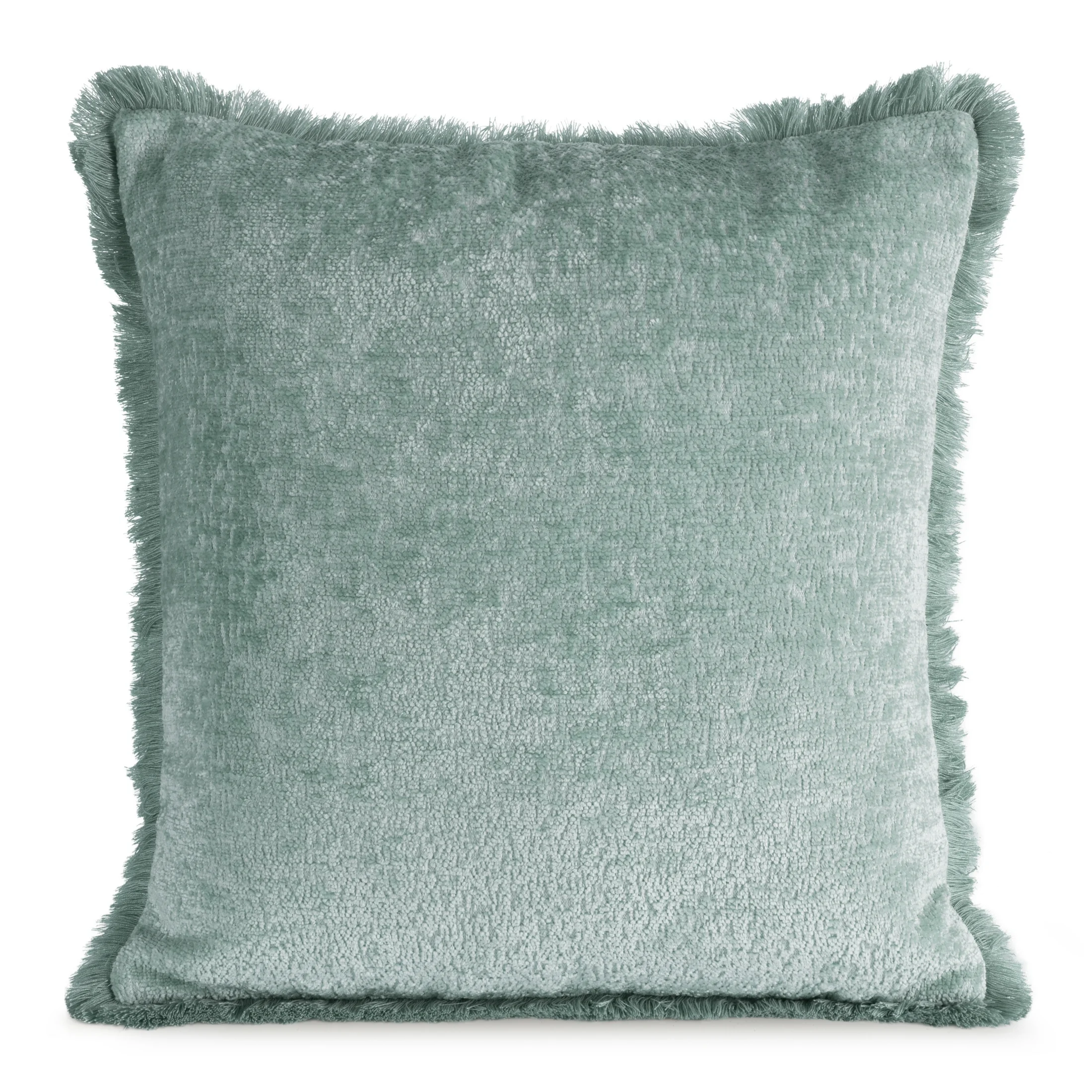 Poszewka na poduszkę 45x45 cm szałwiowa z szenilowej nici zdobiona subtelnymi frędzlami ADIA | eurofirany