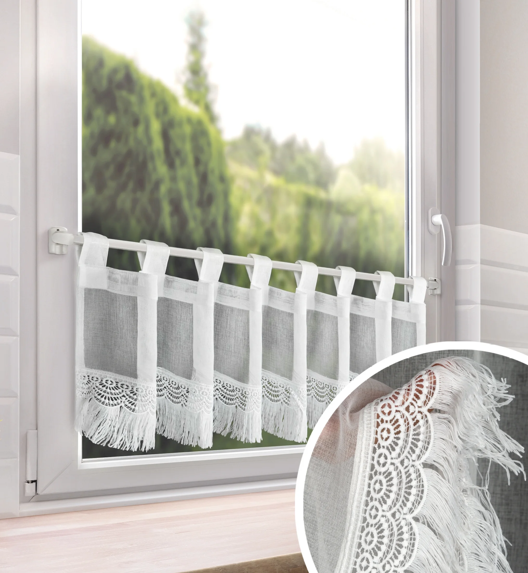 Zazdrostka biała z etaminy zdobiona gipiurą z frędzelkami 30x150 cm ROXANA