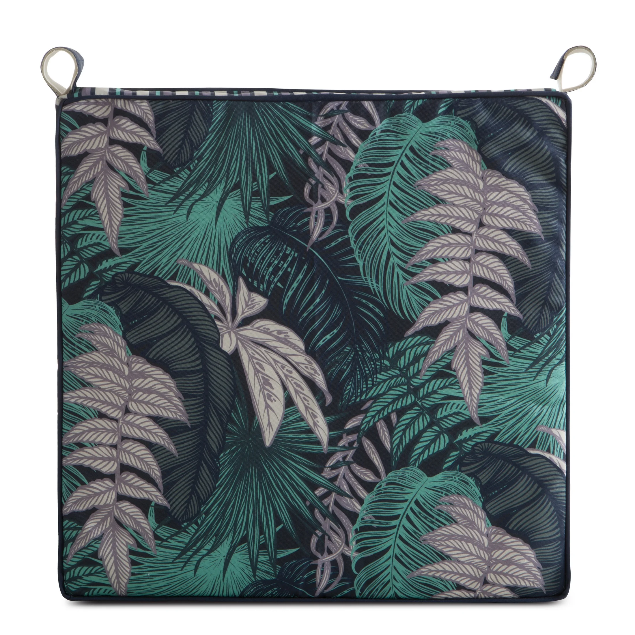 Poduszka na krzesło 42 x 42 x 4 cm wodoodporna granatowo, turkusowa zdobione motywem botanicznym GARDEN