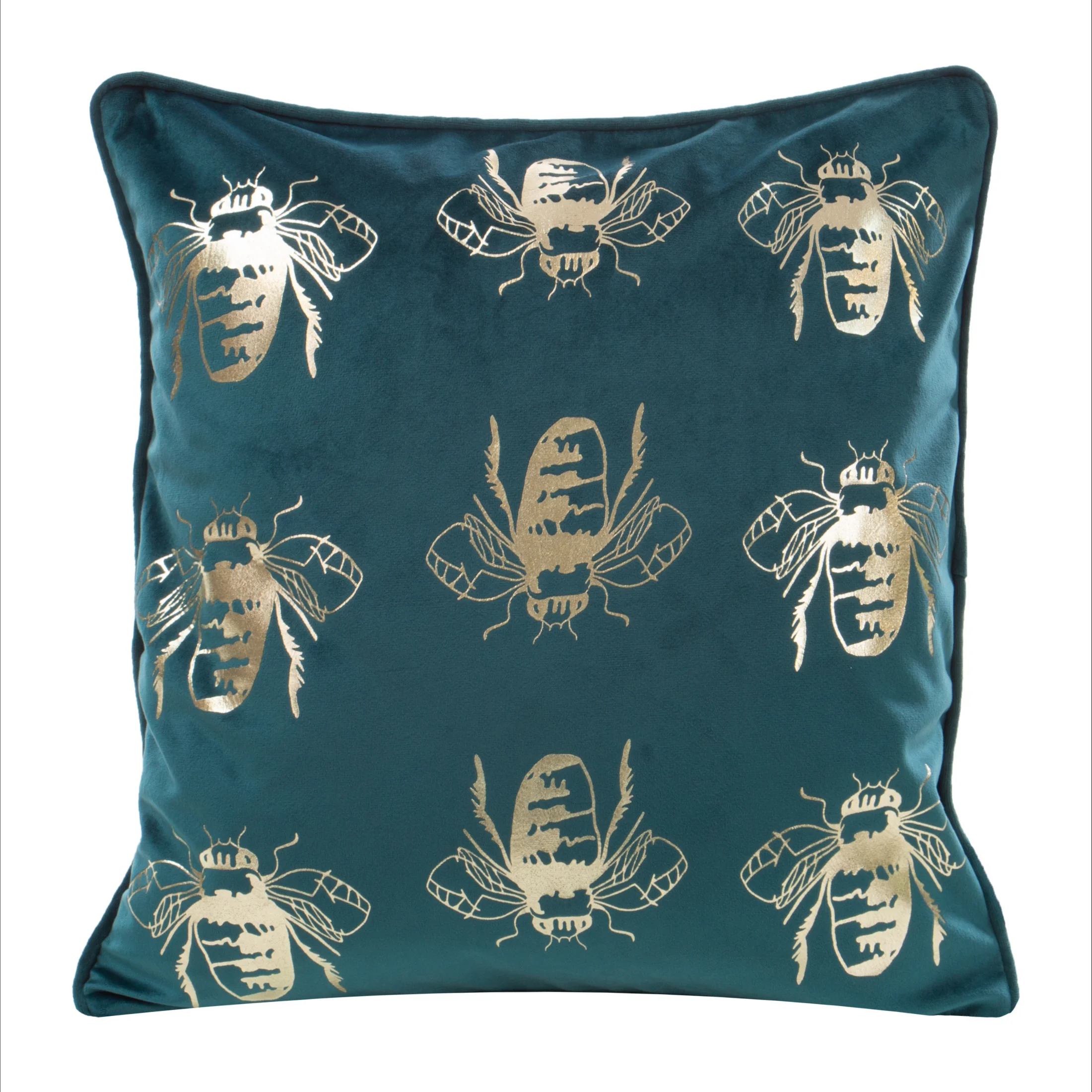 Poszewka na poduszkę 45x45 cm welwetowa kolor ciemnoturkusowy, złocisty z motywem pszczół BILNK | eurofirany