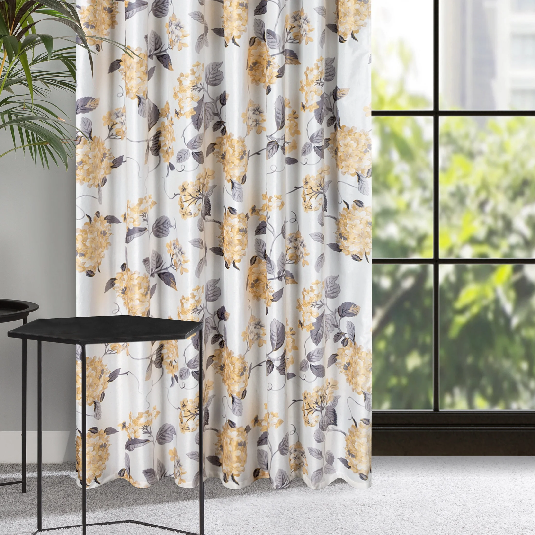 Zasłona welwetowa biało, musztardowa w musztardowe kwiaty 140x270 taśma - ALISON | eurofirany