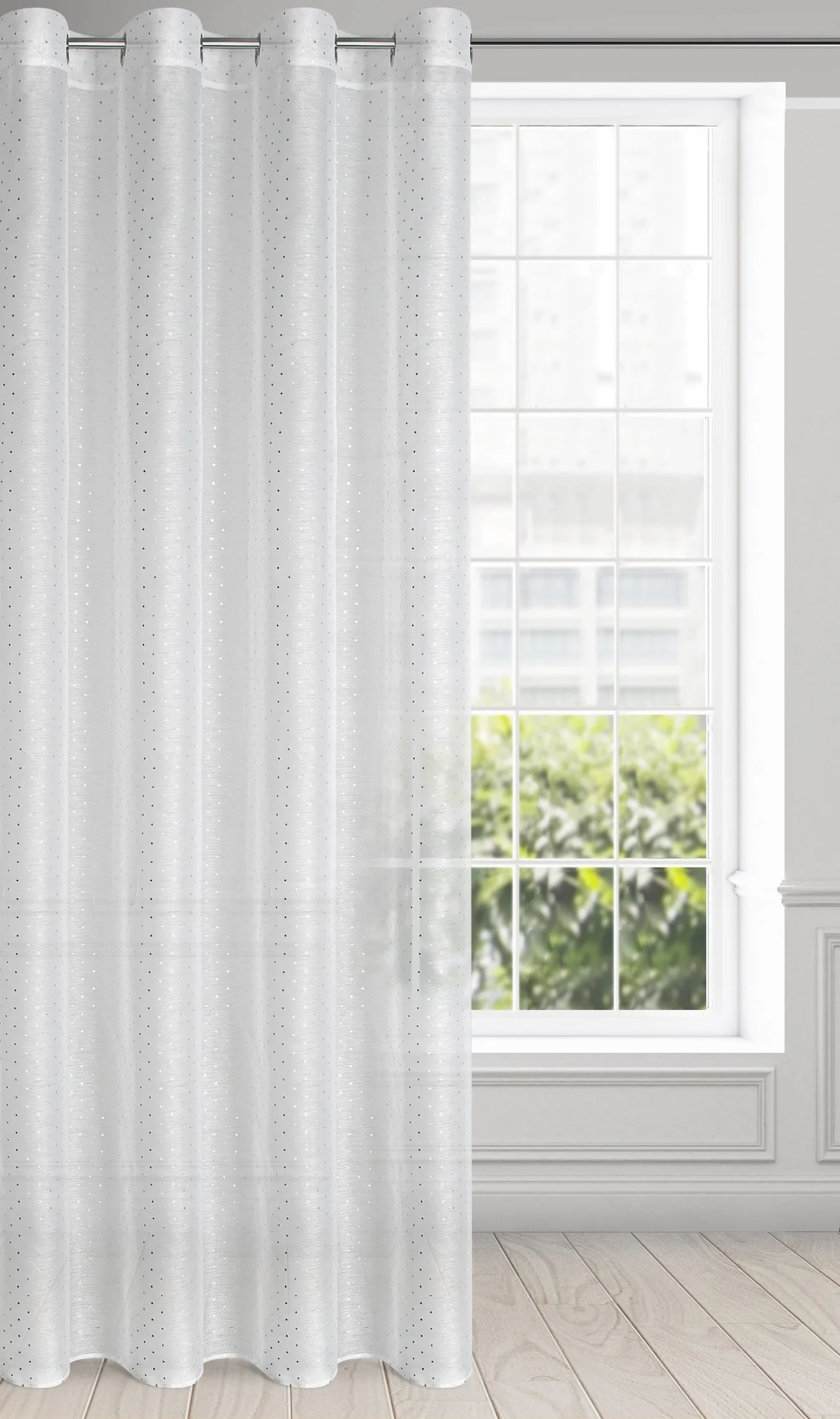 Dekoracja okienna biała z srebrnym nadrukiem drobnych kwadracików 140x250 cm przelotka - SIBEL