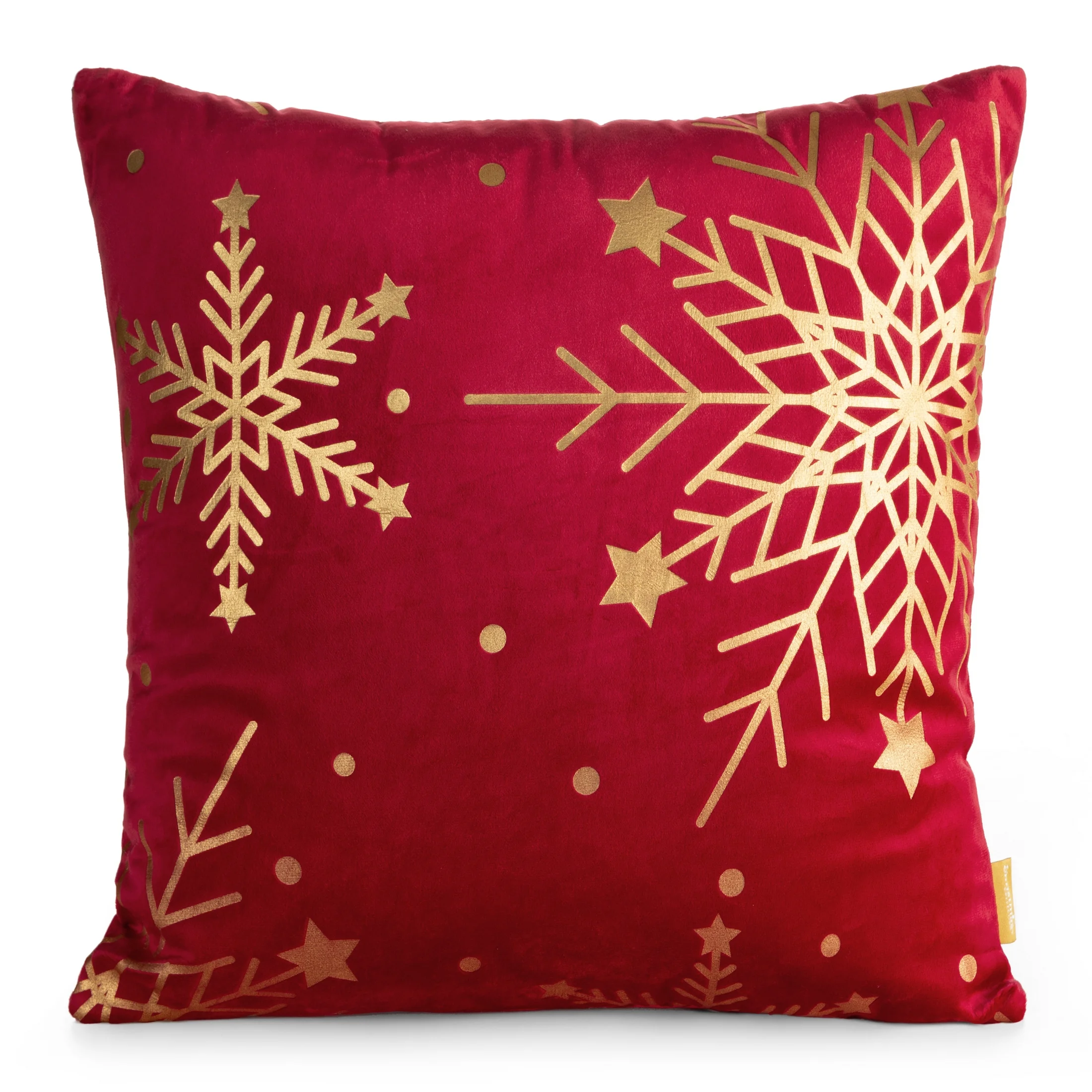 Poszewka na poduszkę świąteczna 45x45 cm welwetowa czerwona z uroczek nadrukiem szampańskich śnieżynek | eurofirany