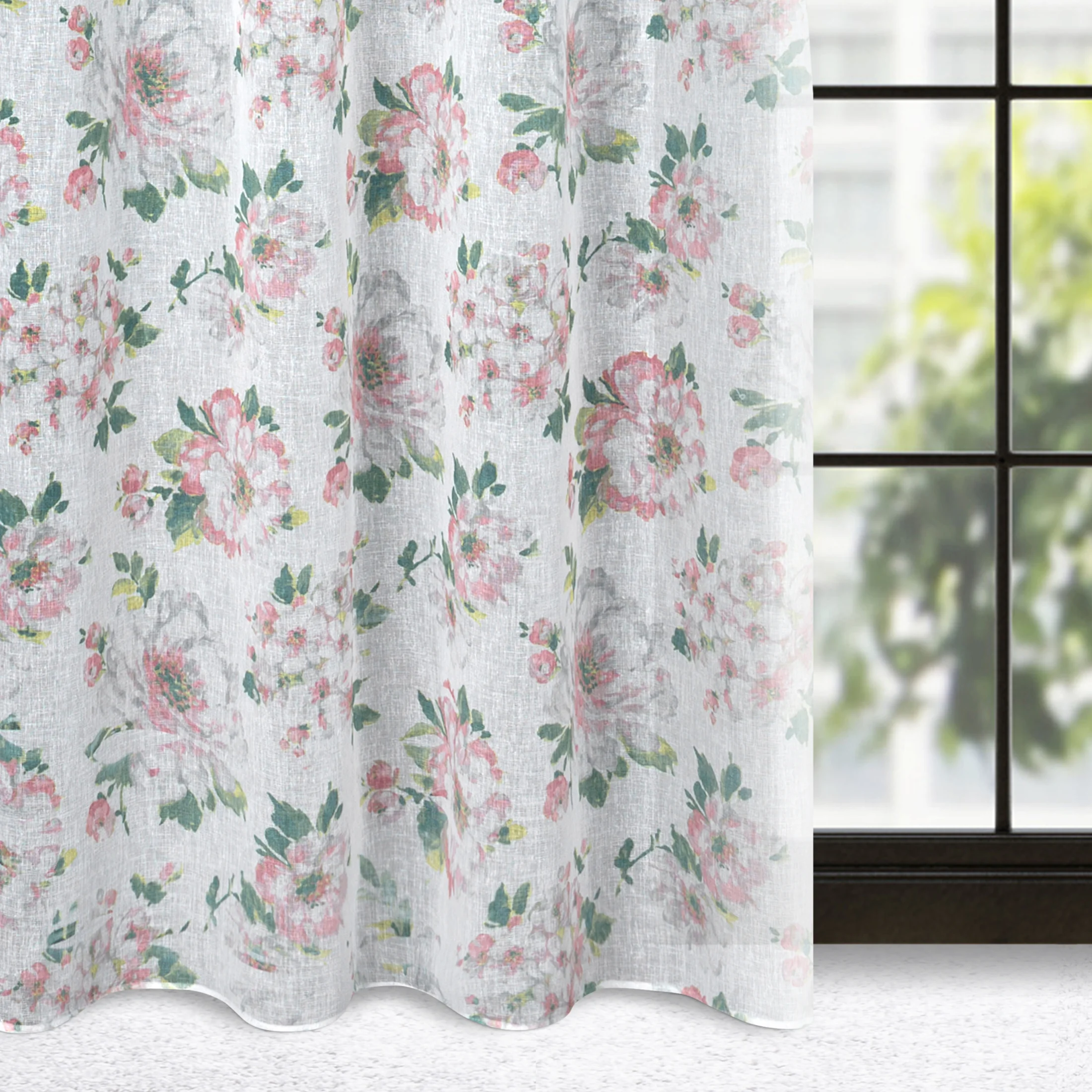 Dekoracja okienna biało, różowa z lekkiej etaminy w stylu eko z kwiatowym nadrukiem 140x250 cm przelotka - EMI | eurofirany