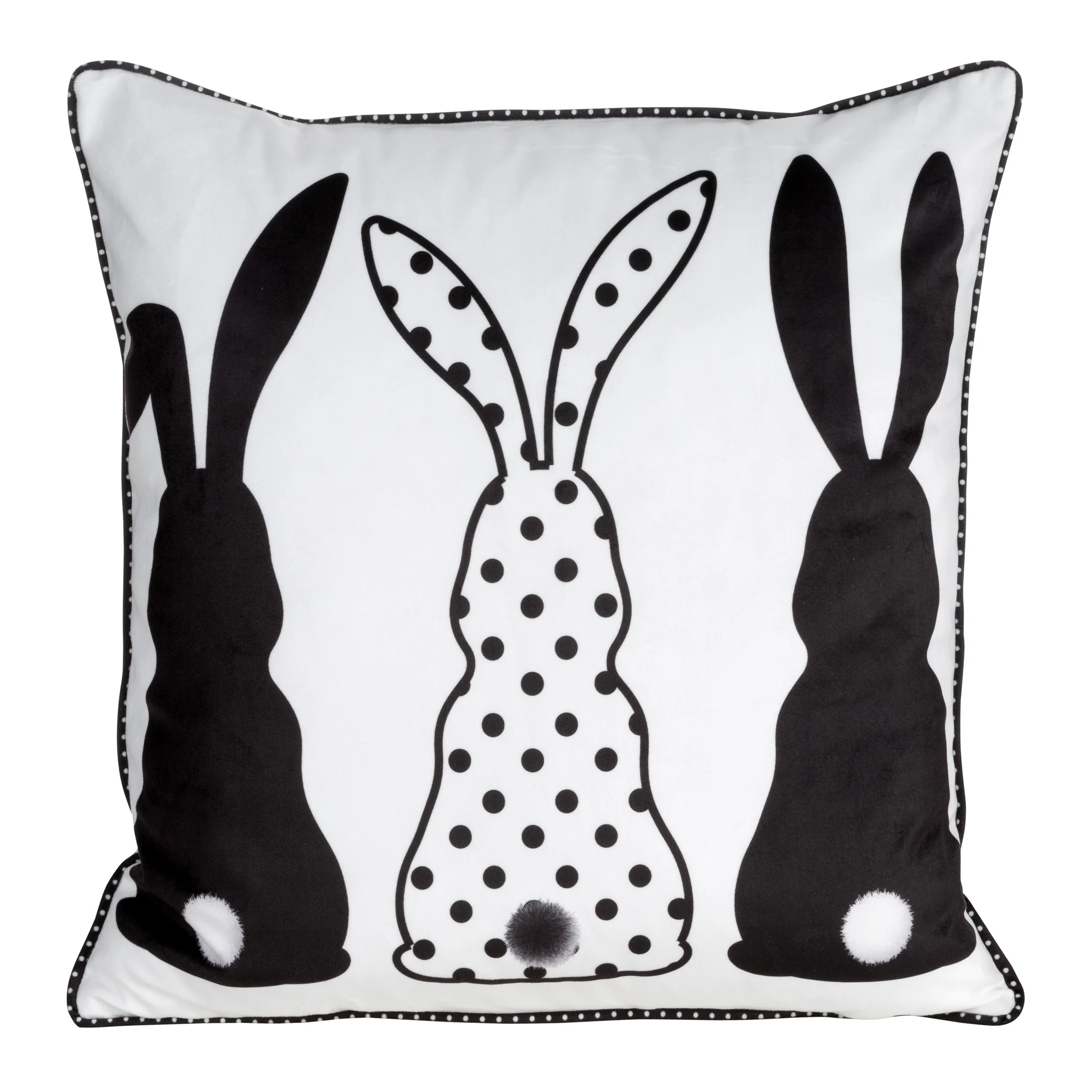 Poszewka na poduszkę 45x45 cm welwetowa czarno, biała z nadrukiem króliczków WIOSNA 4 | eurofirany