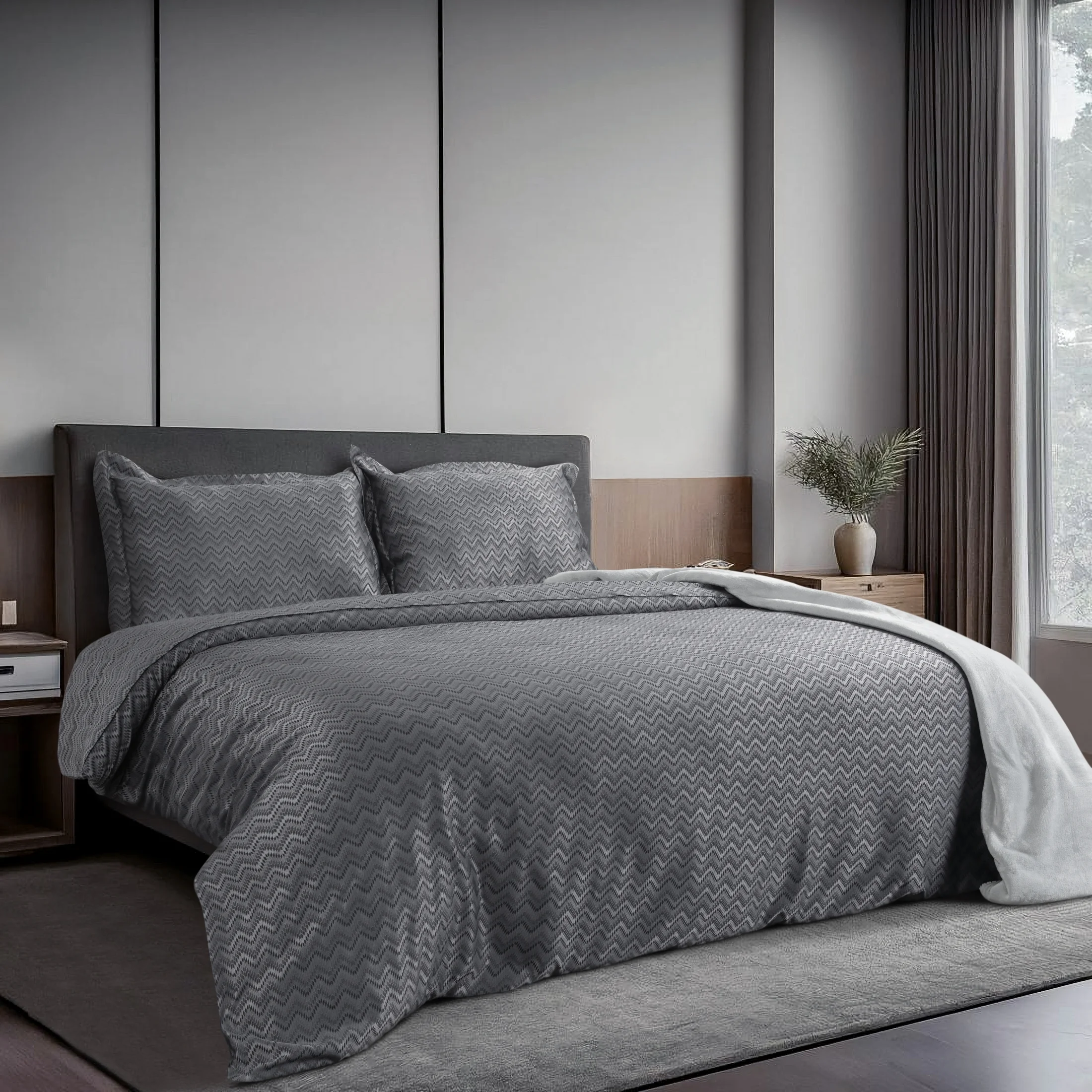 Pościel 160x200 cm z wiskozy bambusowej kolor stalowy zdobiona żakardowym geometrycznym wzorem BAMBO | eurofirany