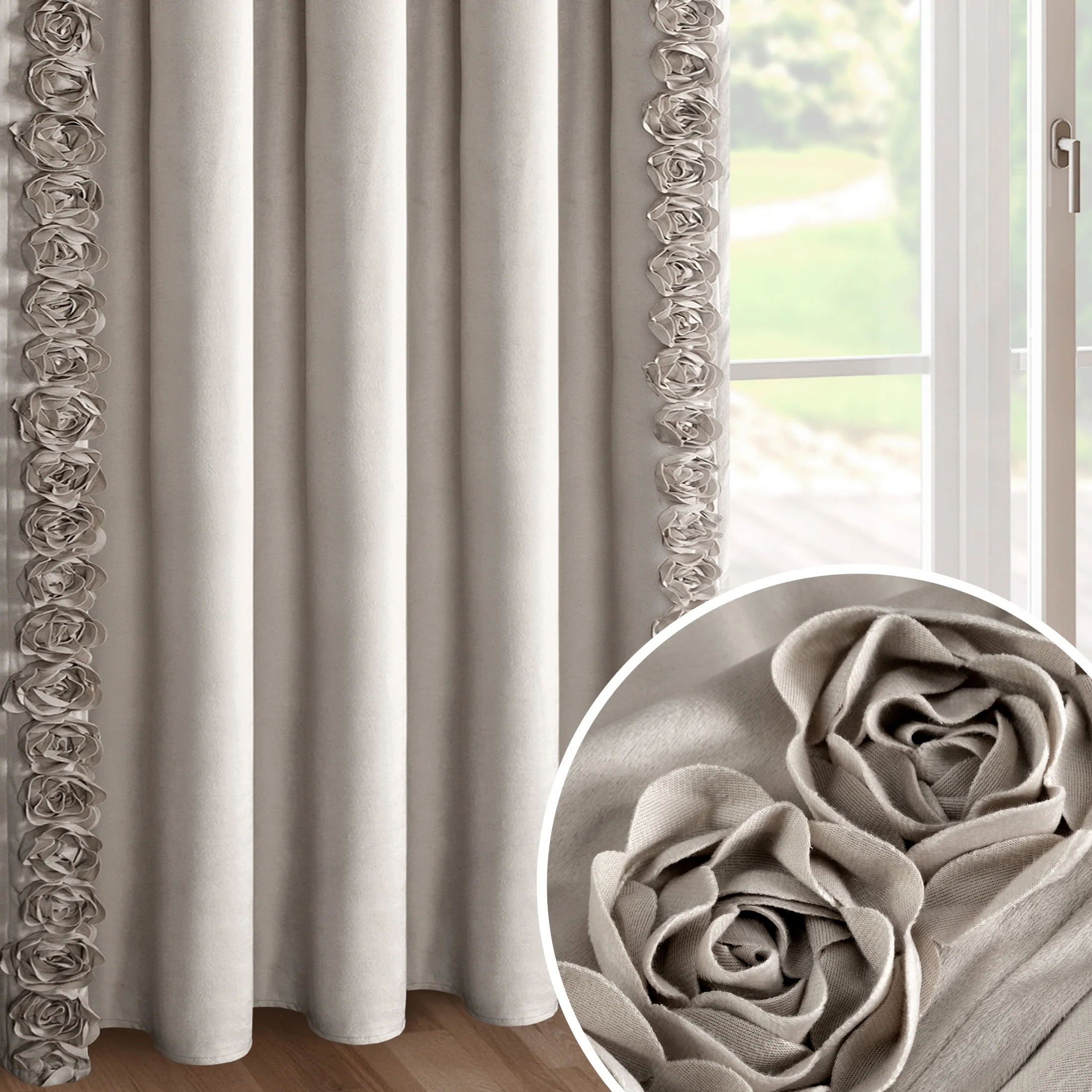 Zasłona beżowa z welwetu zdobiona aplikacją 3D róż 140x270 cm taśma - ROSES Eva Minge | eurofirany