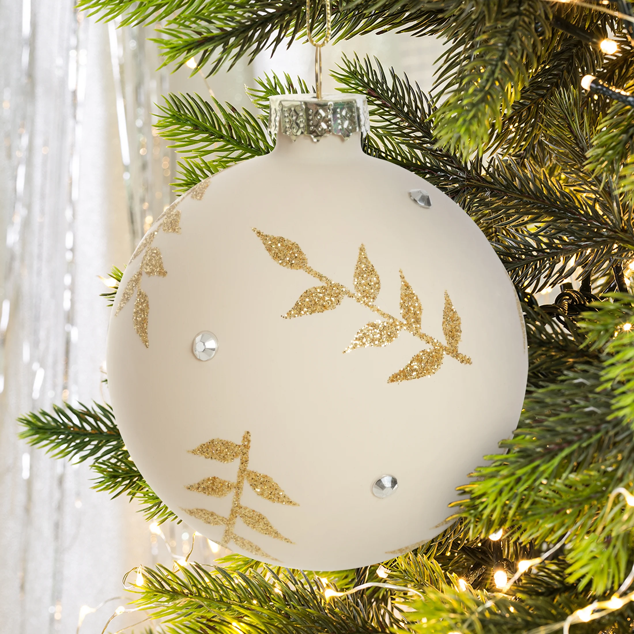 Bombka szklana zdobiona ręcznie złotymi gałązkami i kryształkami | eurofirany