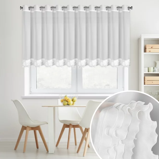 Firana biała z szyfonu zdobiona falbanką  400x80 cm przelotka - LUISA